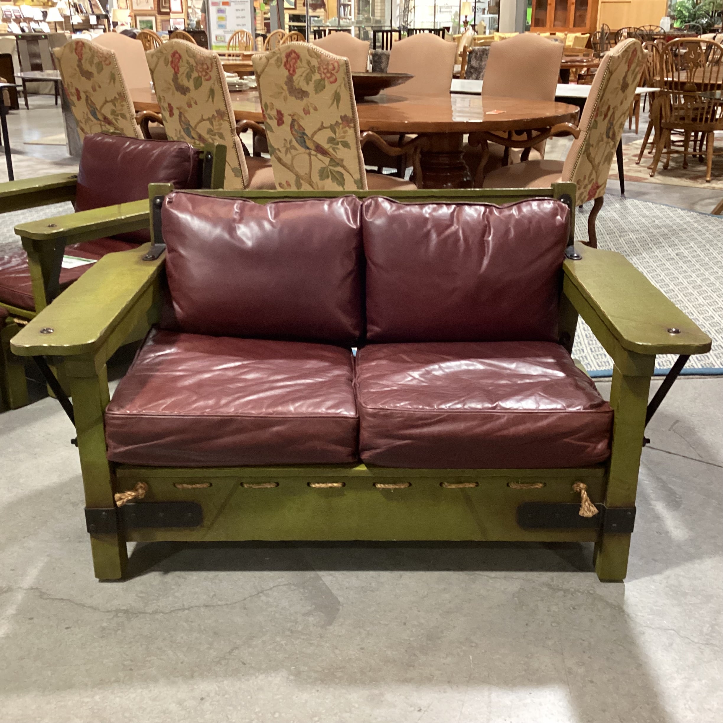 Art in Fine Forms Custom Spanish Green Alder Iron &Rope with Leather Cushions Sofa 57"x 36"x 31"