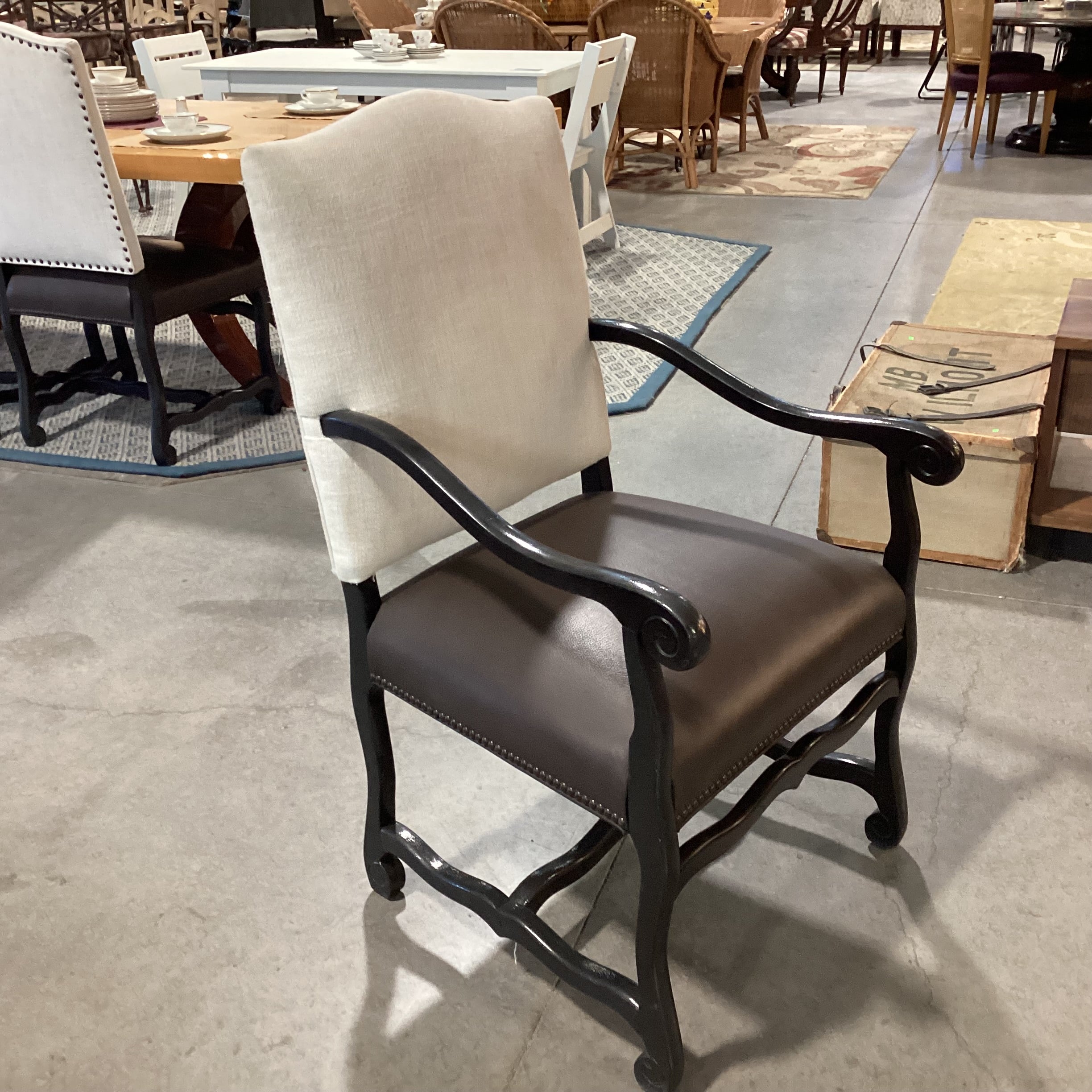 Black Carved Wood Leather Seat & Linen Nailhead Armed Dining Chair 25"x 26"x 42"