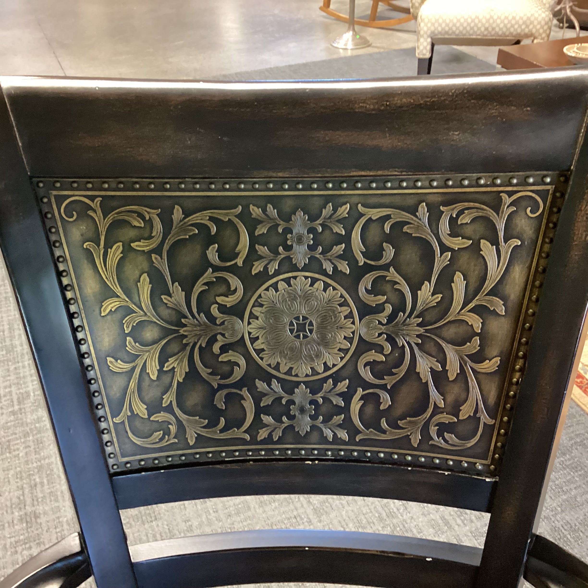 Black Distressed Wood Leather Seat & Ornate Metal Back Detail Frisco Castered Chair 24"x 23"x 40"