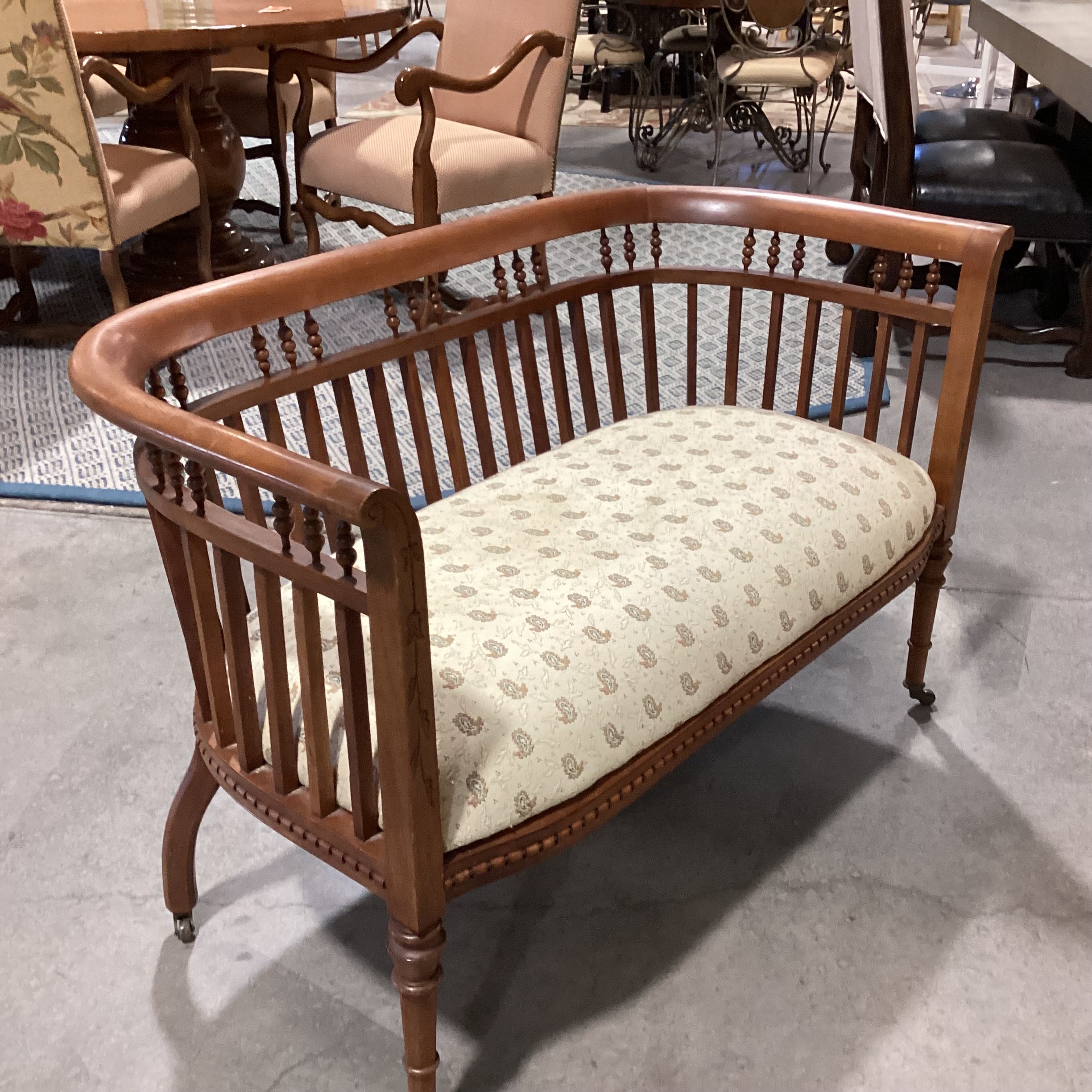 Antique Carved Wood Detail with Spindle Curved Back & Paisley Seat on Casters Bench 45"x 25"x 29"