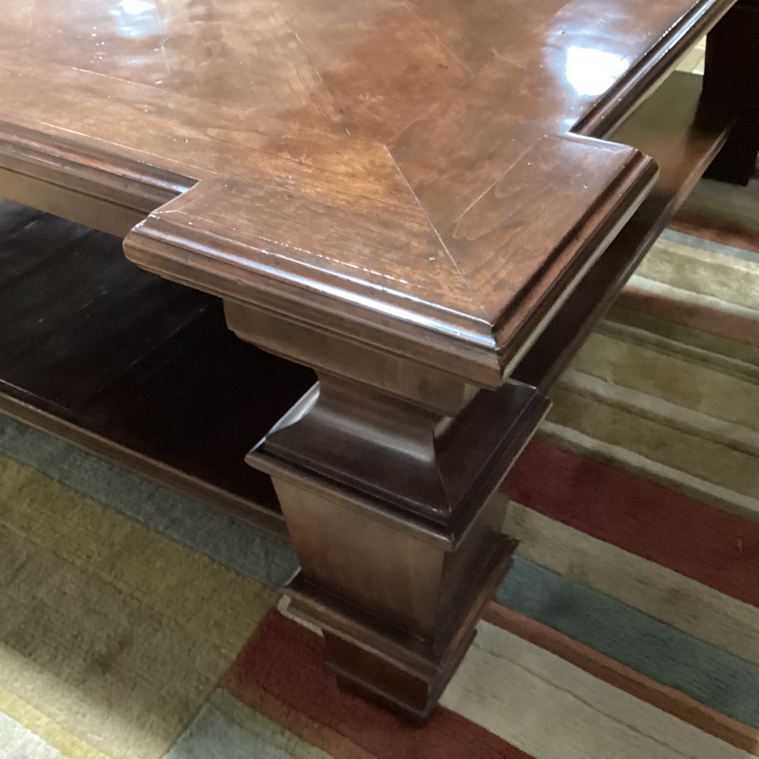 Carved Wood with Dark Lacquered Distressed Finish Matched Inset & Bottom Shelf Coffee Table 60"x 60"x 21"