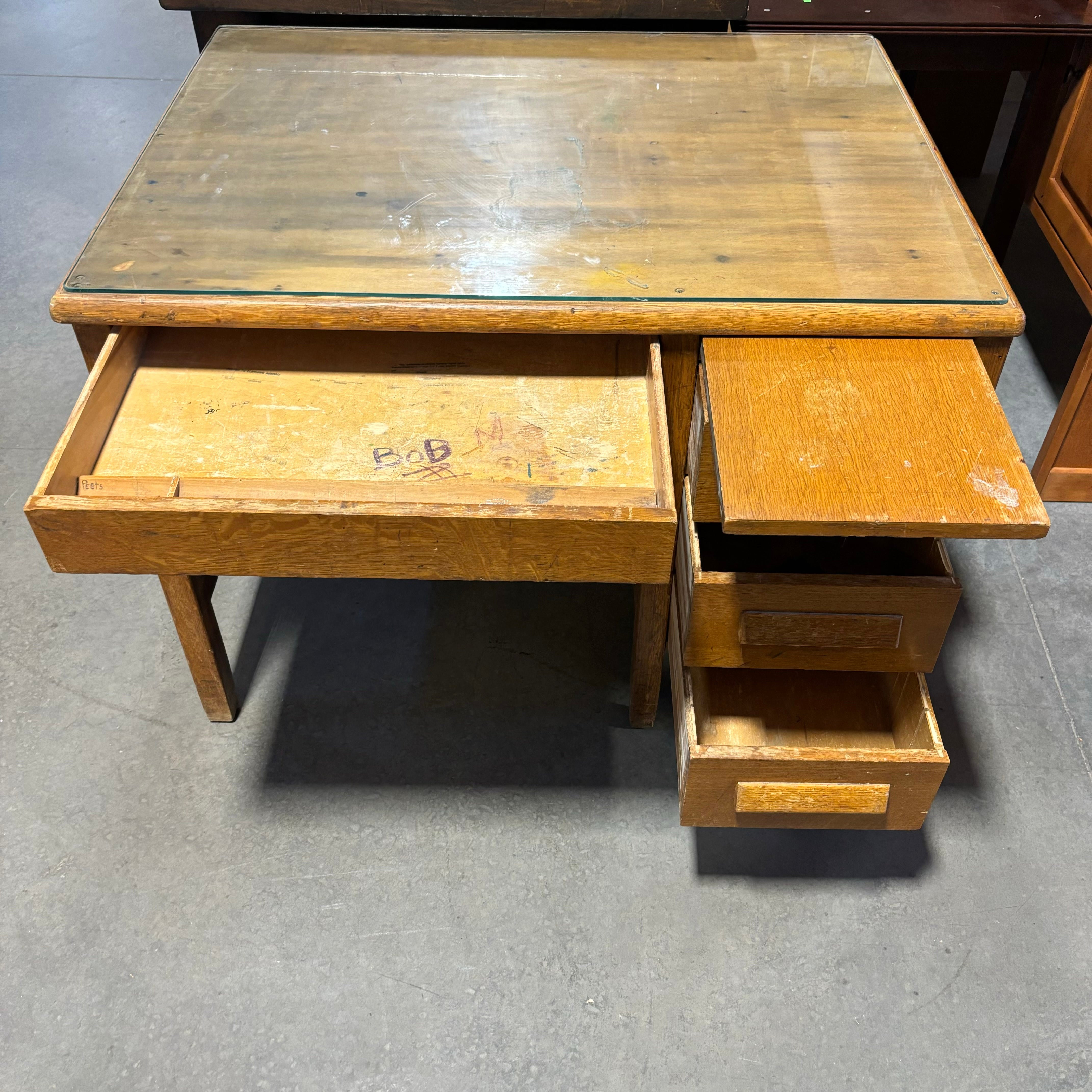 Antique Solid Tiger Oak 4 Drawer with Glass Top Desk 42”x 31”x 31”