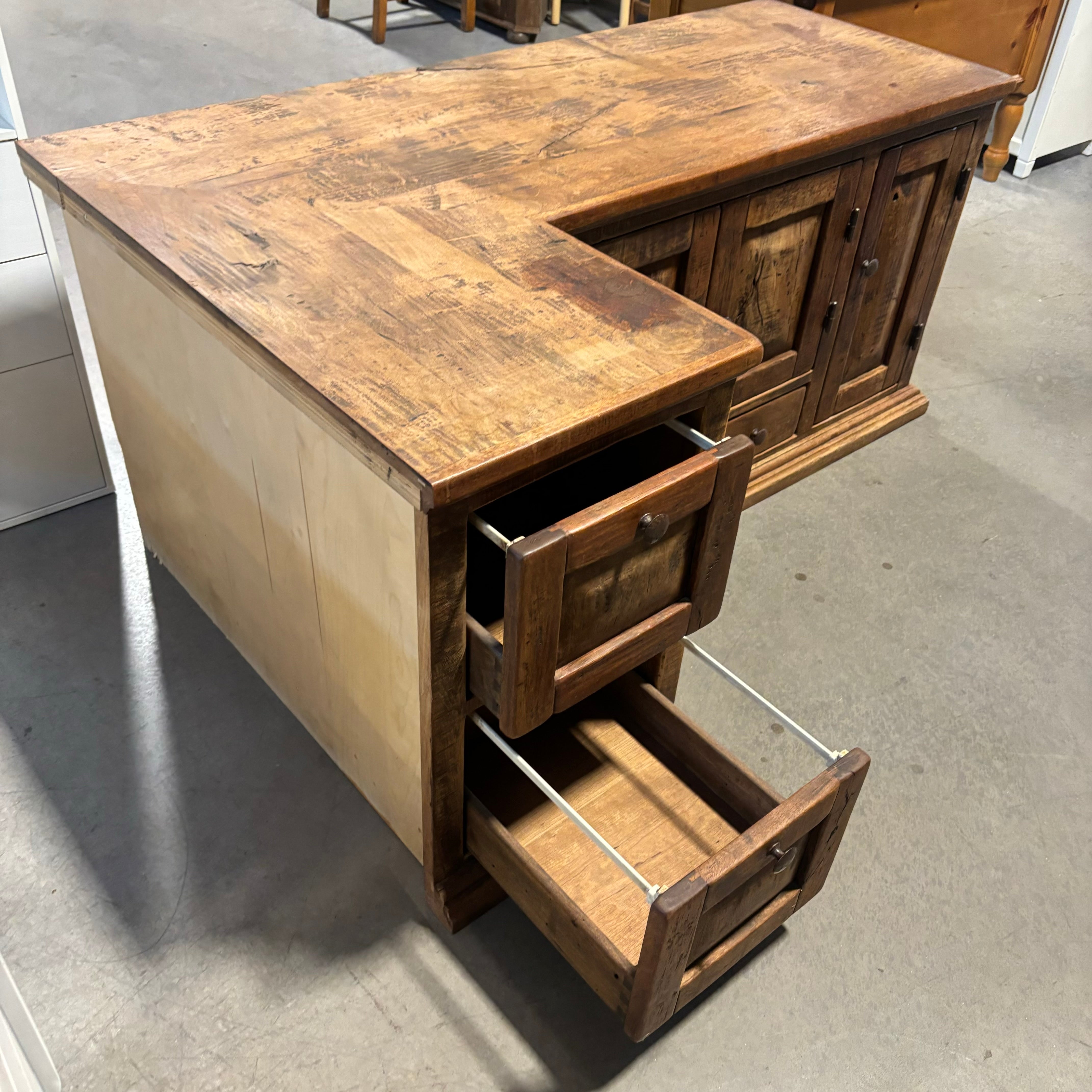 Custom Natural Distressed Wood with Iron Accents L Shaped Desk 66"x 41.5"x 30"