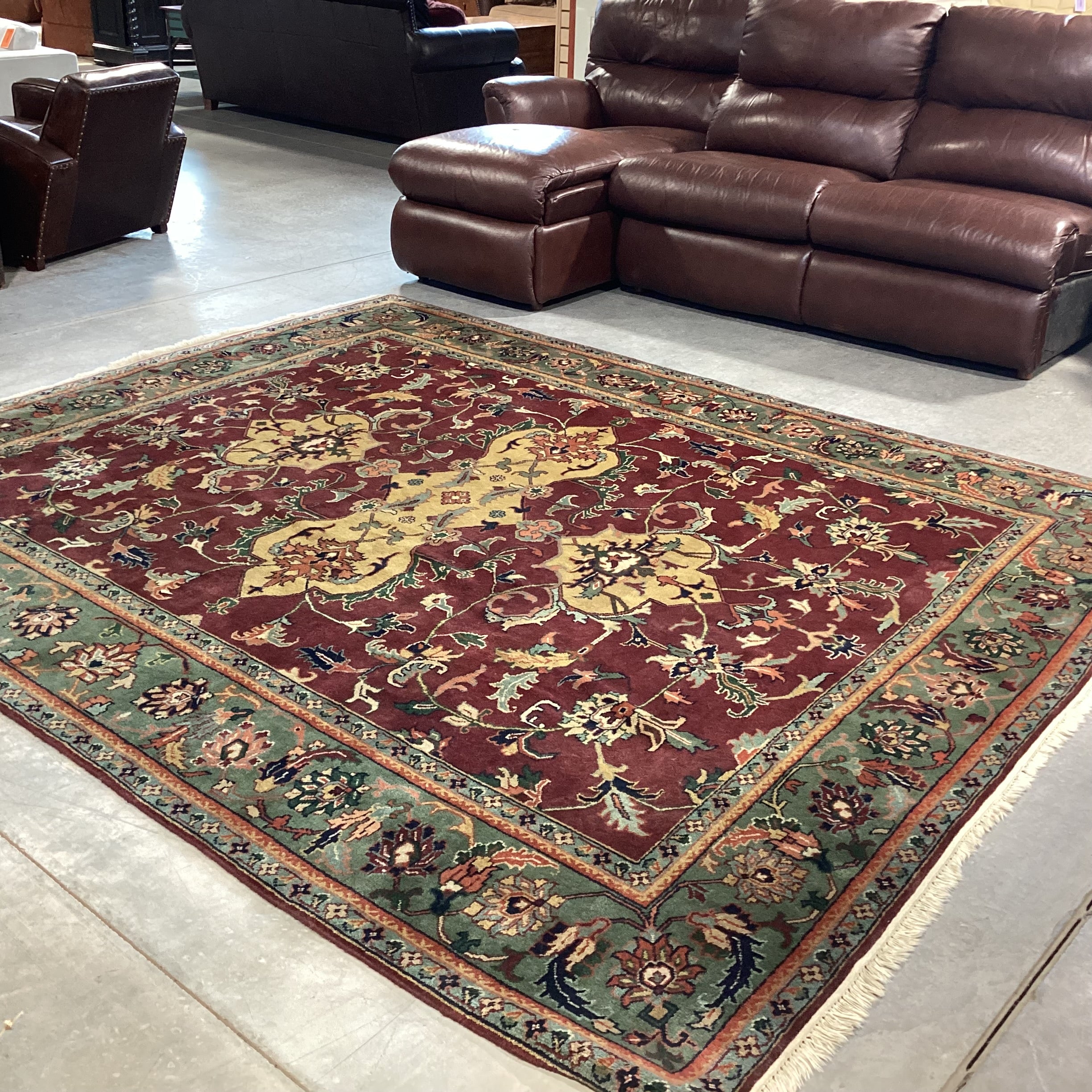 Vintage Burgundy Green & Gold Hand Woven Wool Rug 8'x 10'