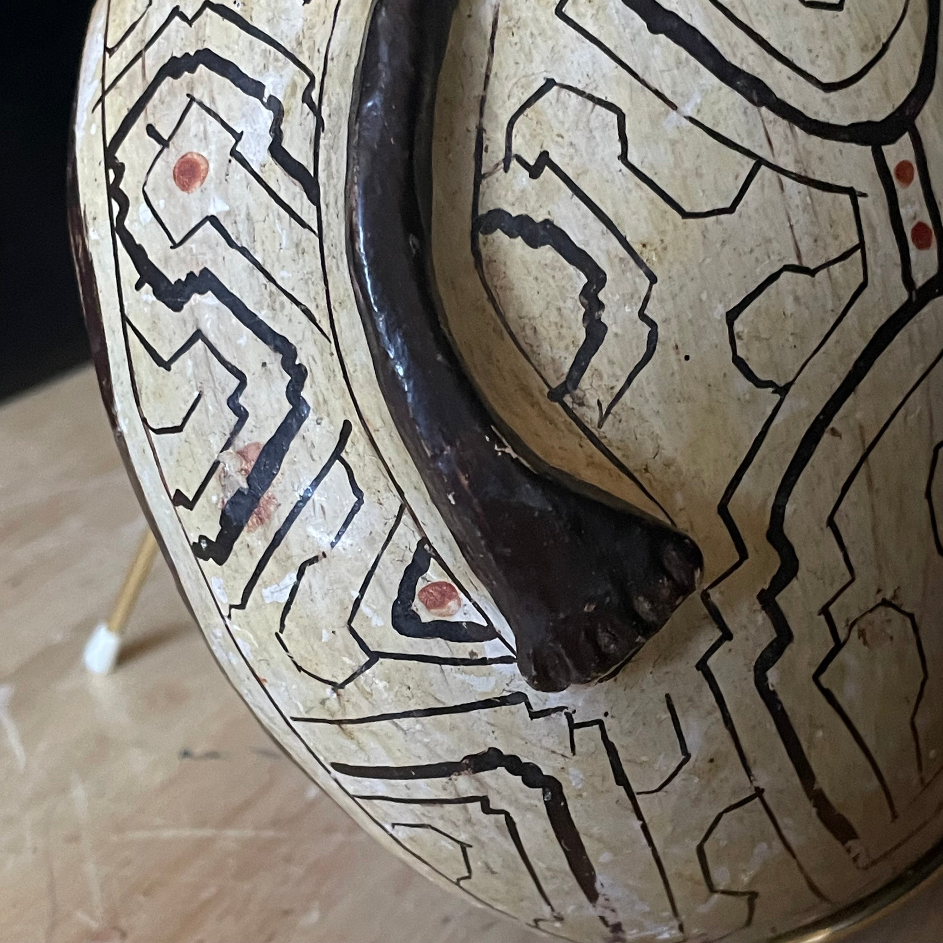 Antique Peruvian Shipibo Conibo Anthropomorphic Geometric Kene Pattern Pottery Vessel, 5.5"x 9"