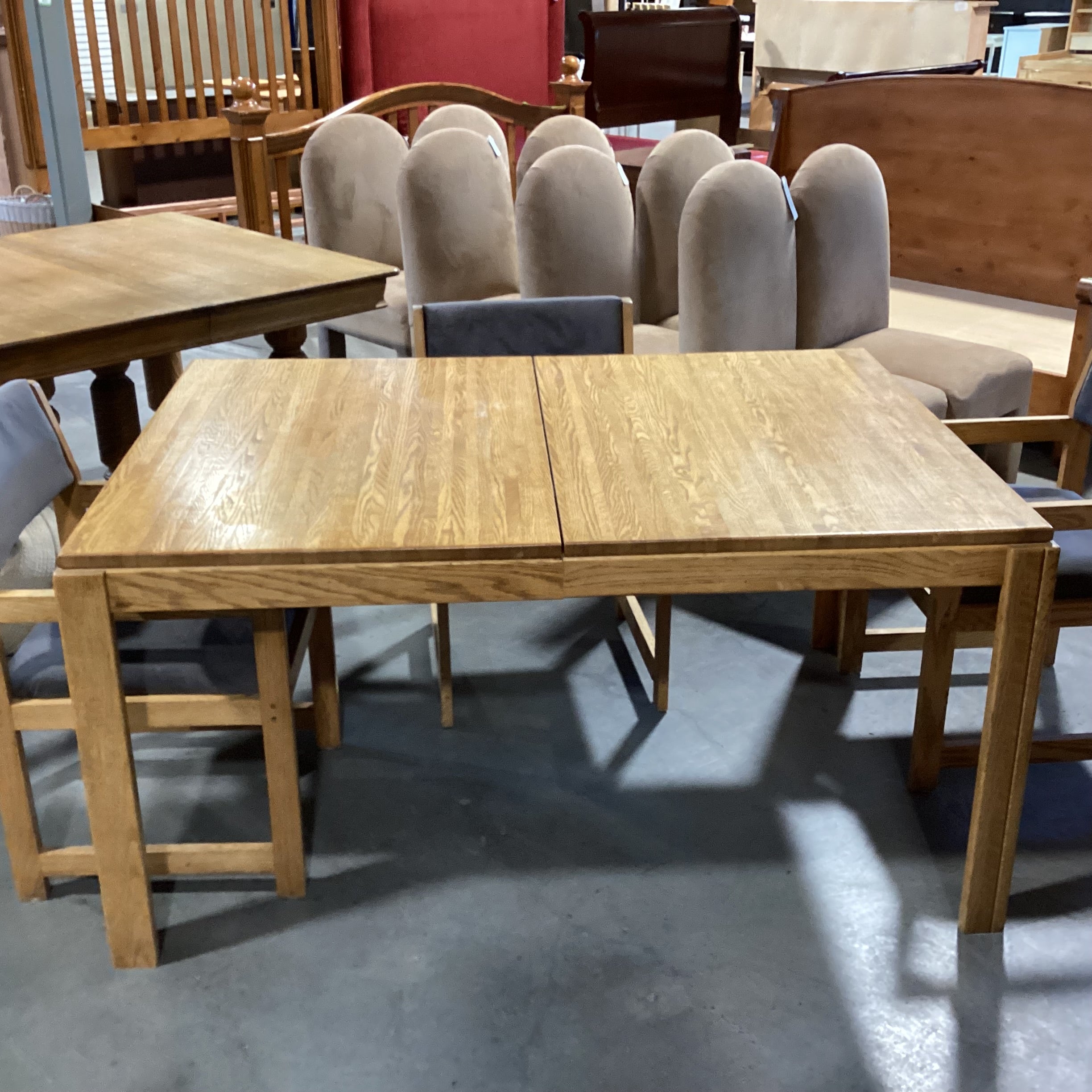 Vintage Oak Table with 4 Grey Velvet Chairs Dining Set 59"x 42"x 29.5"