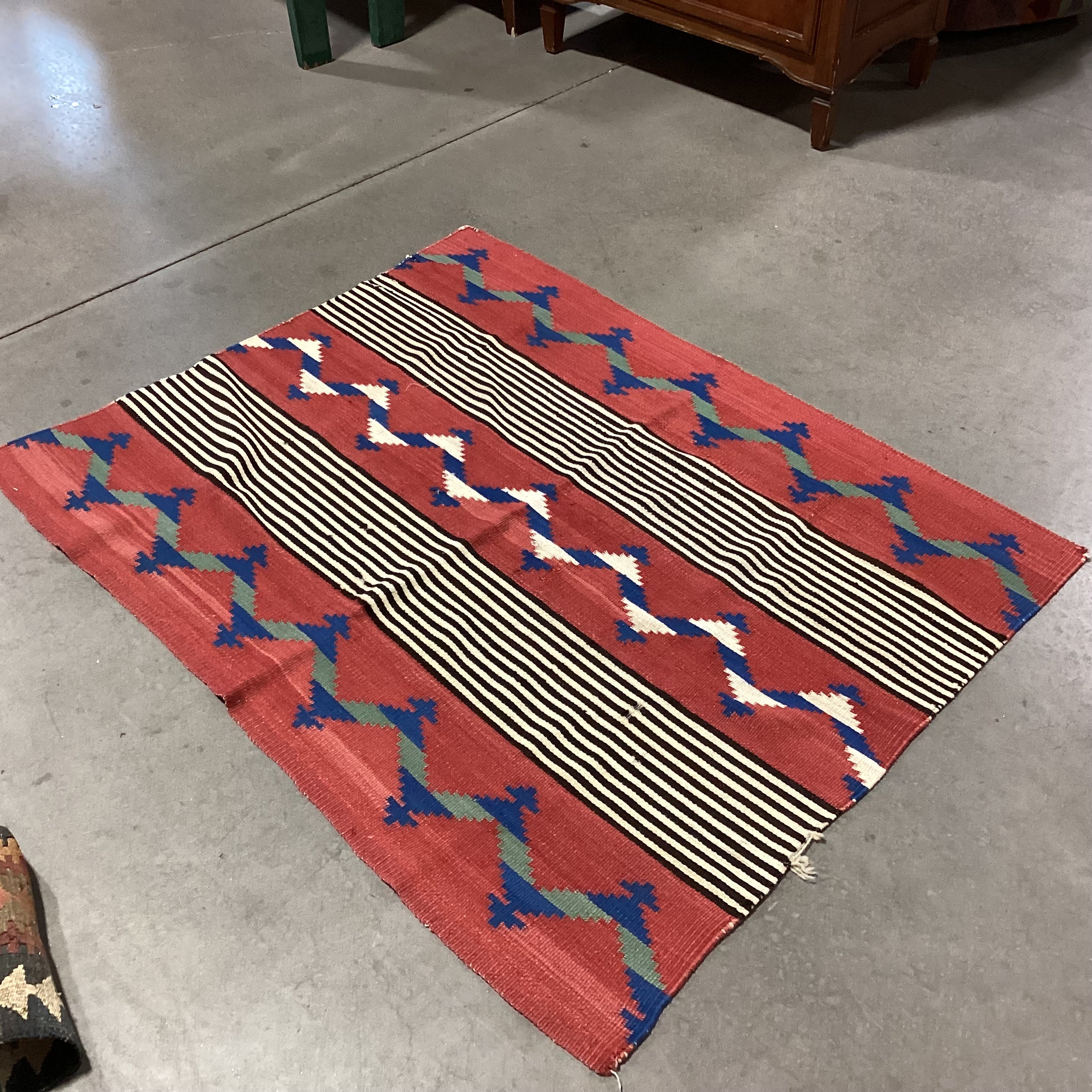 Vintage Red Black Blue Hand Woven Wool Rug 3'7"x 4'7"