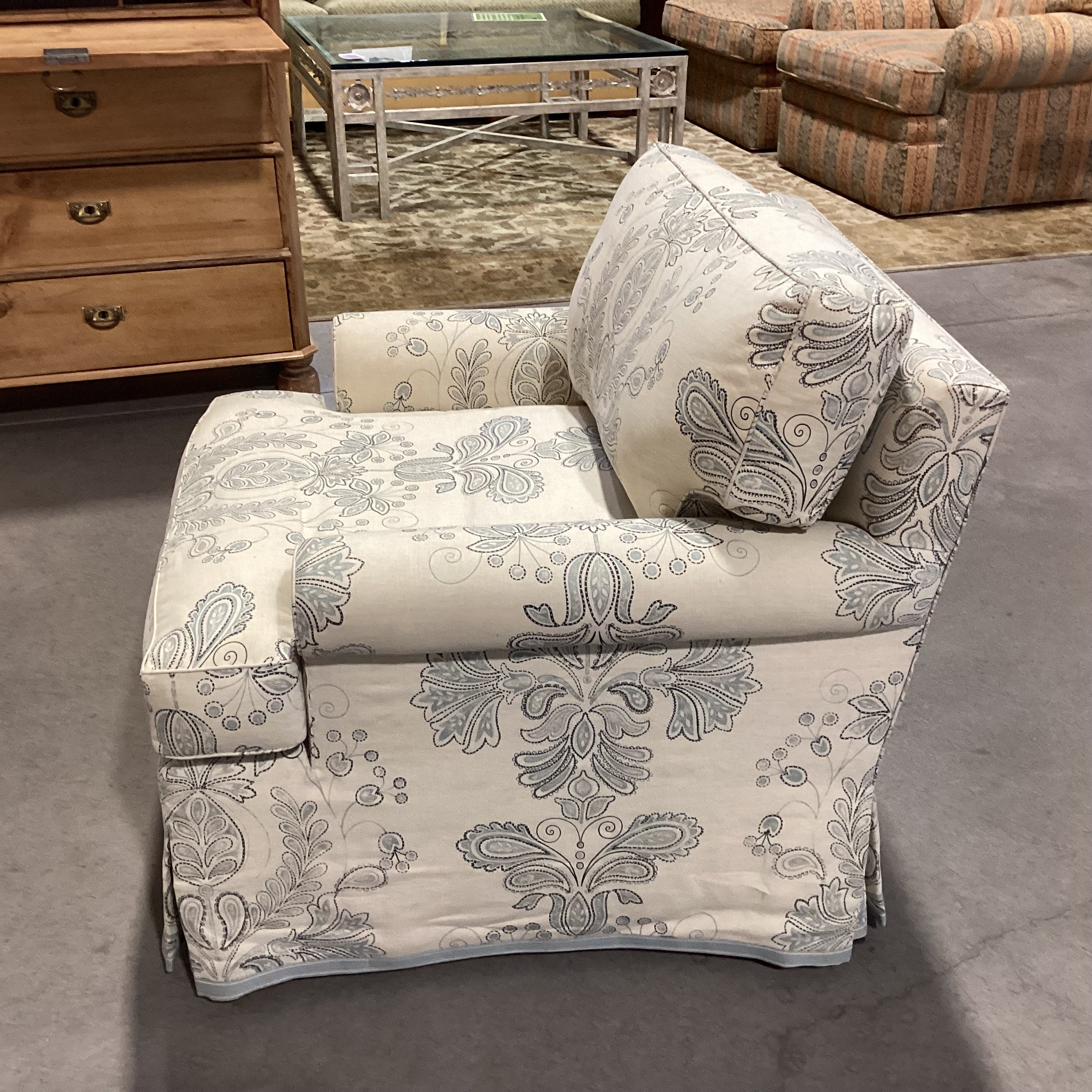 Custom Cream Blue Floral Linen Down Chair 33"x 33"x 28"