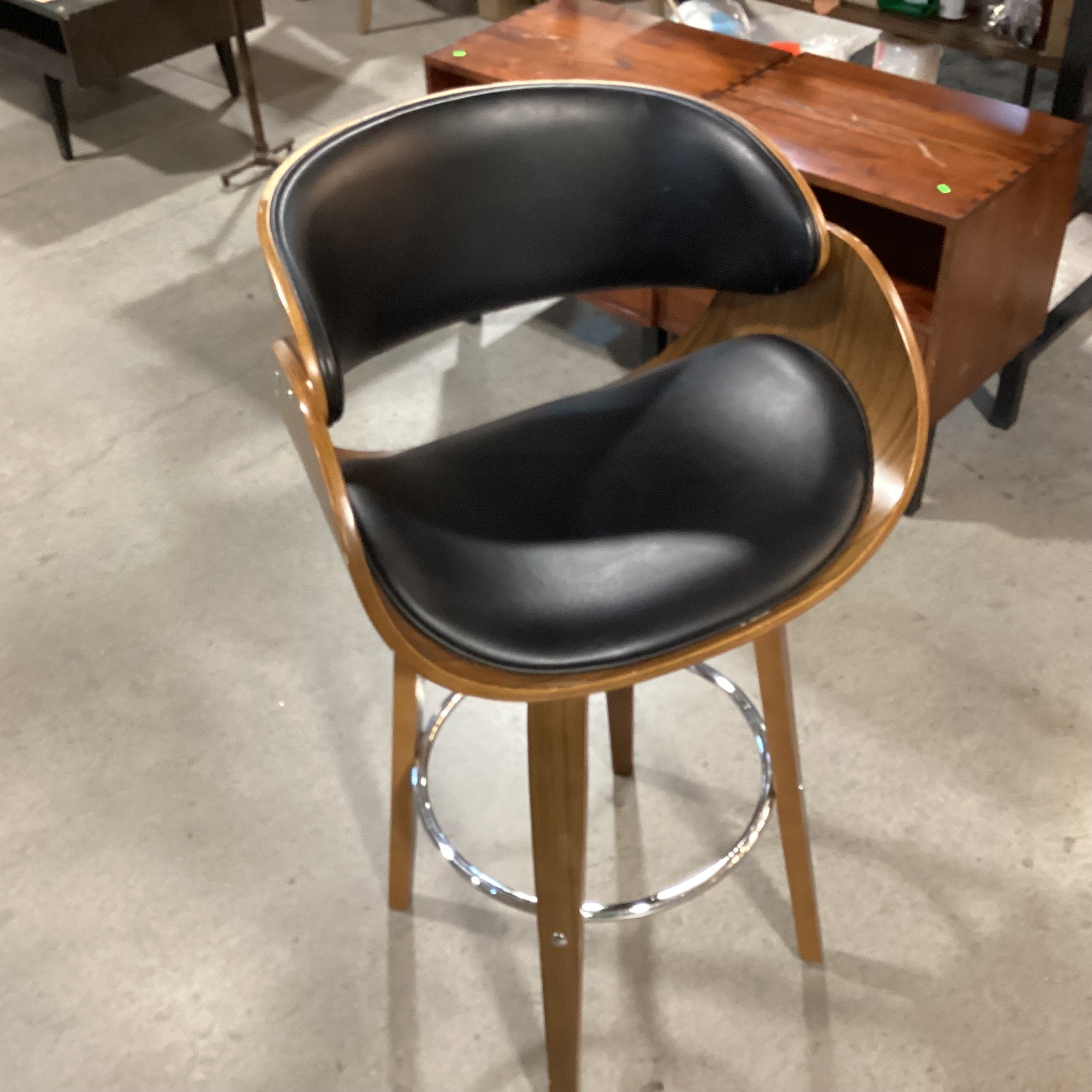 Mid Century Style Pressed Wood & Faux Black Leather Swivel Barstool 30"
