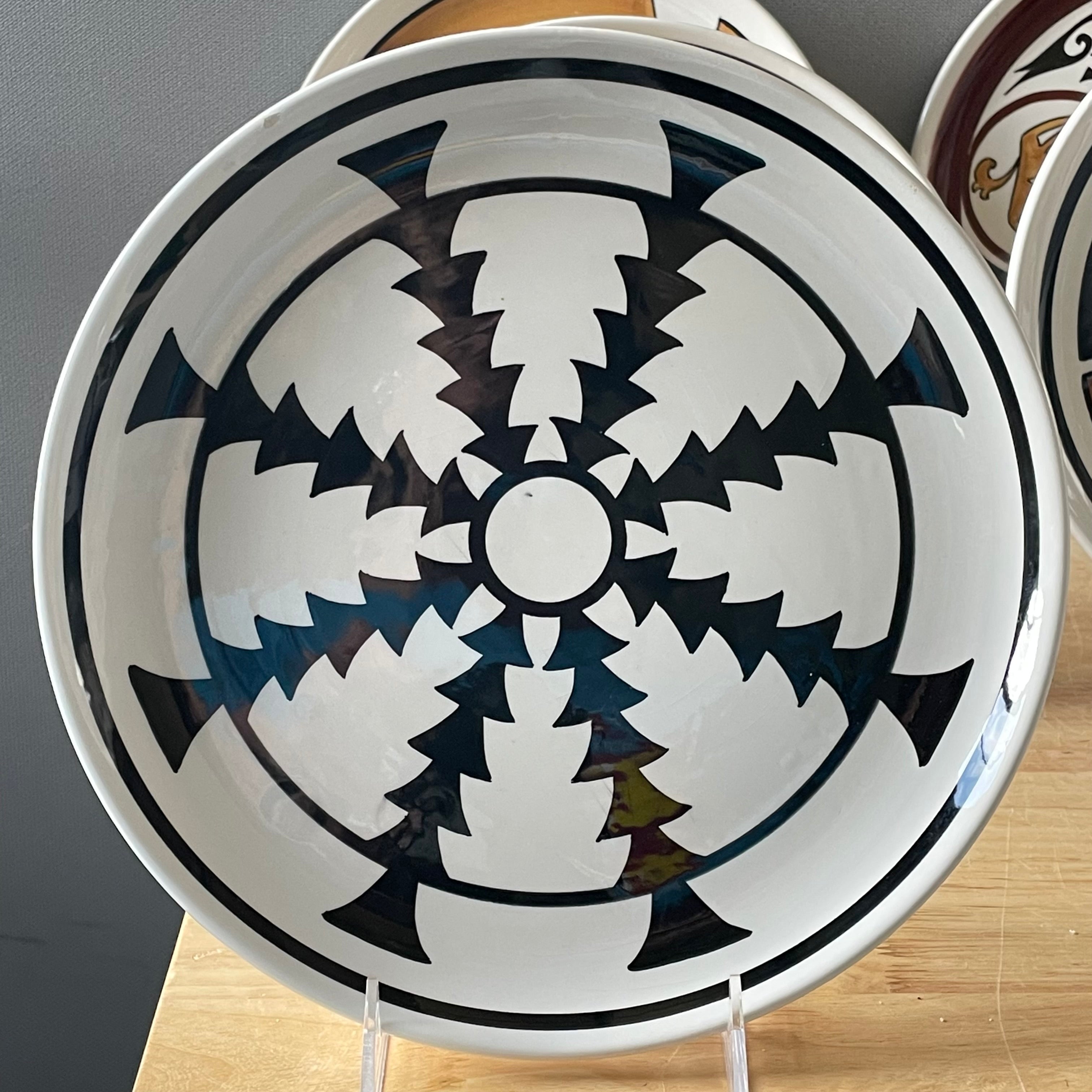 Set of 6 MCM Handcrafted Ceramic American Indian Design Decorative Plates by Ronal Schwarz for Gumps, San Francisco