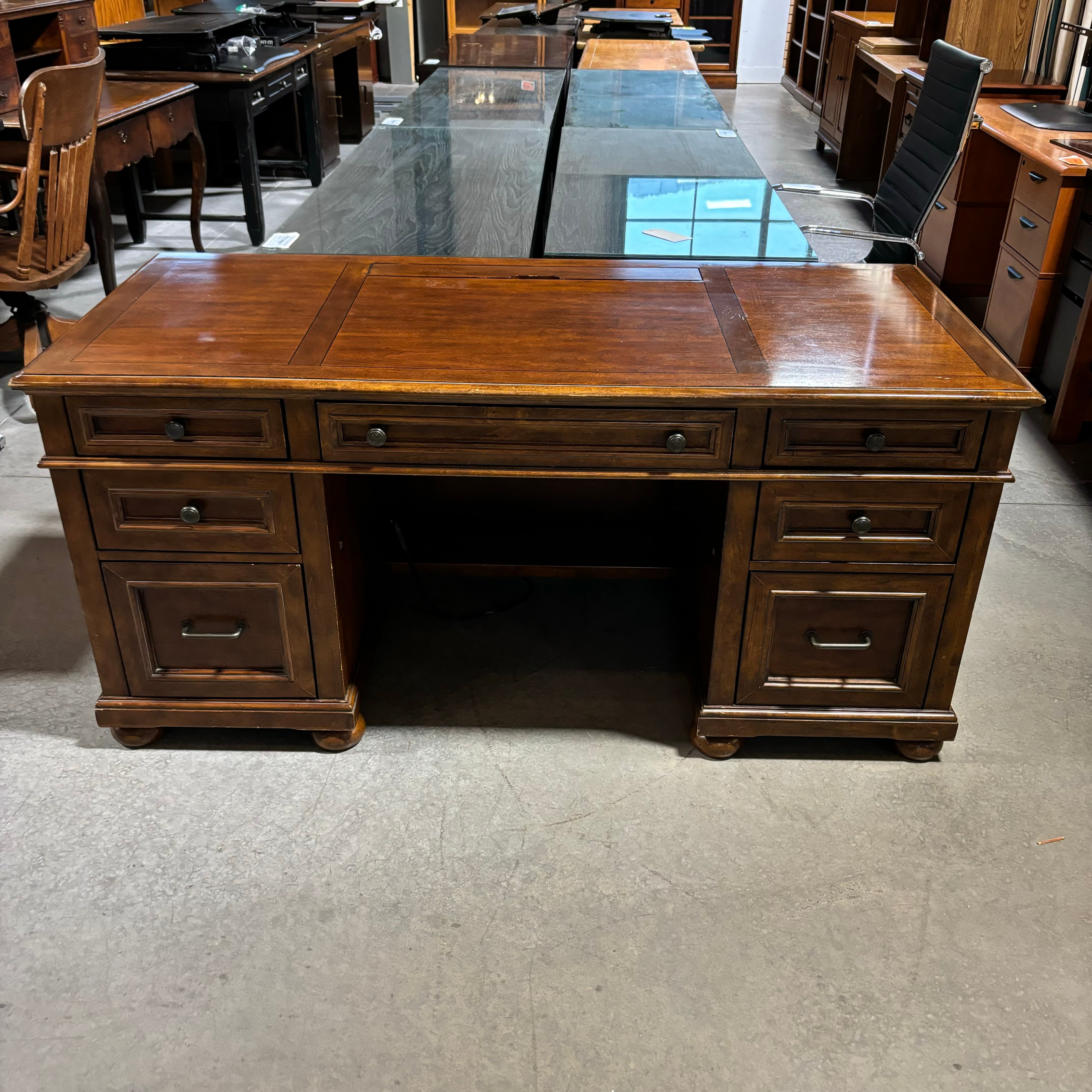 Wynwood by Flexsteel Distressed Dark Finish Solid Wood 7 Drawer with Built in Power Strip Executive Desk 66"x 30"x 31"