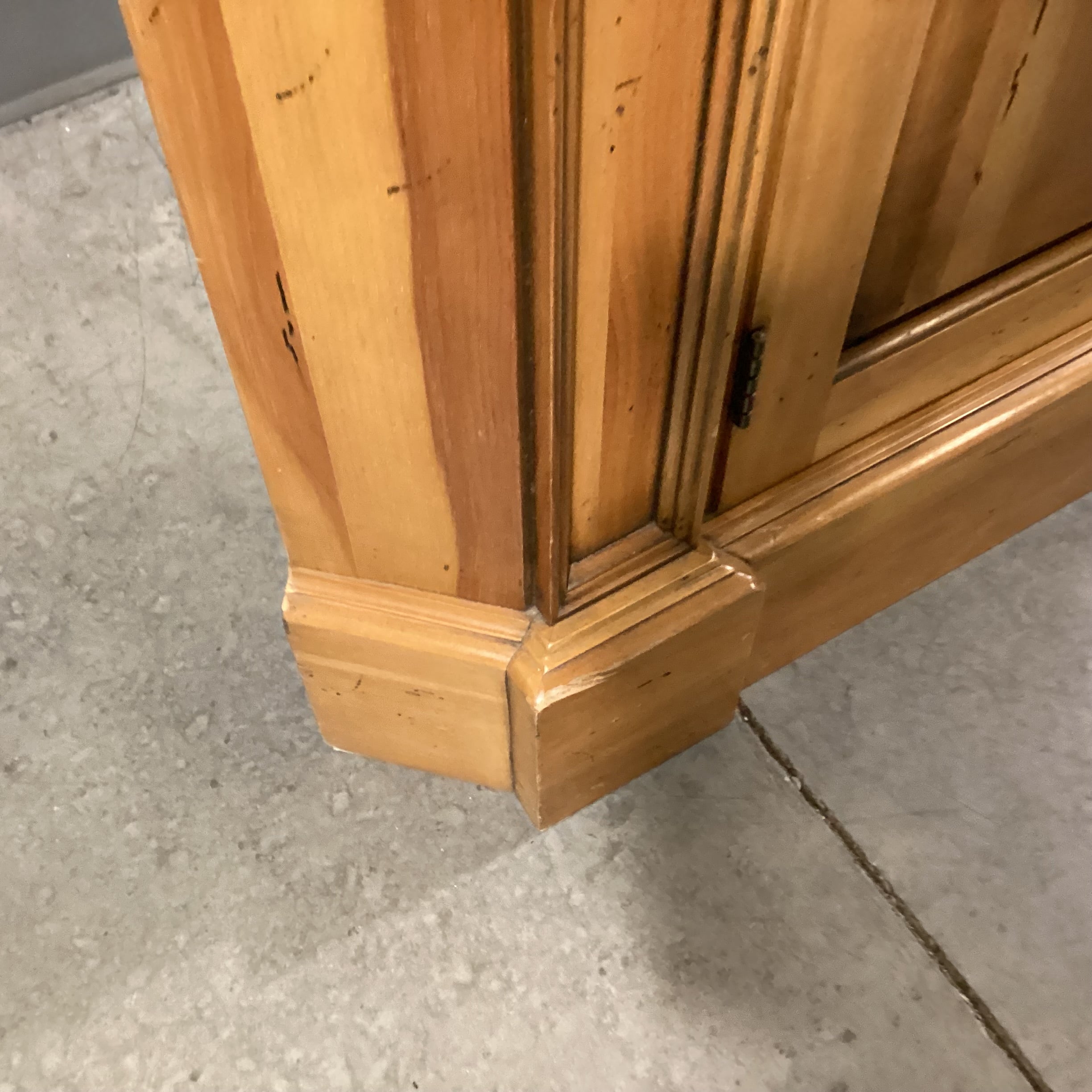 2 Tone Distressed Natural & Teal with Carved Arch Shelves 2 Door Corner Display Armoire 48"x 30"x 88"