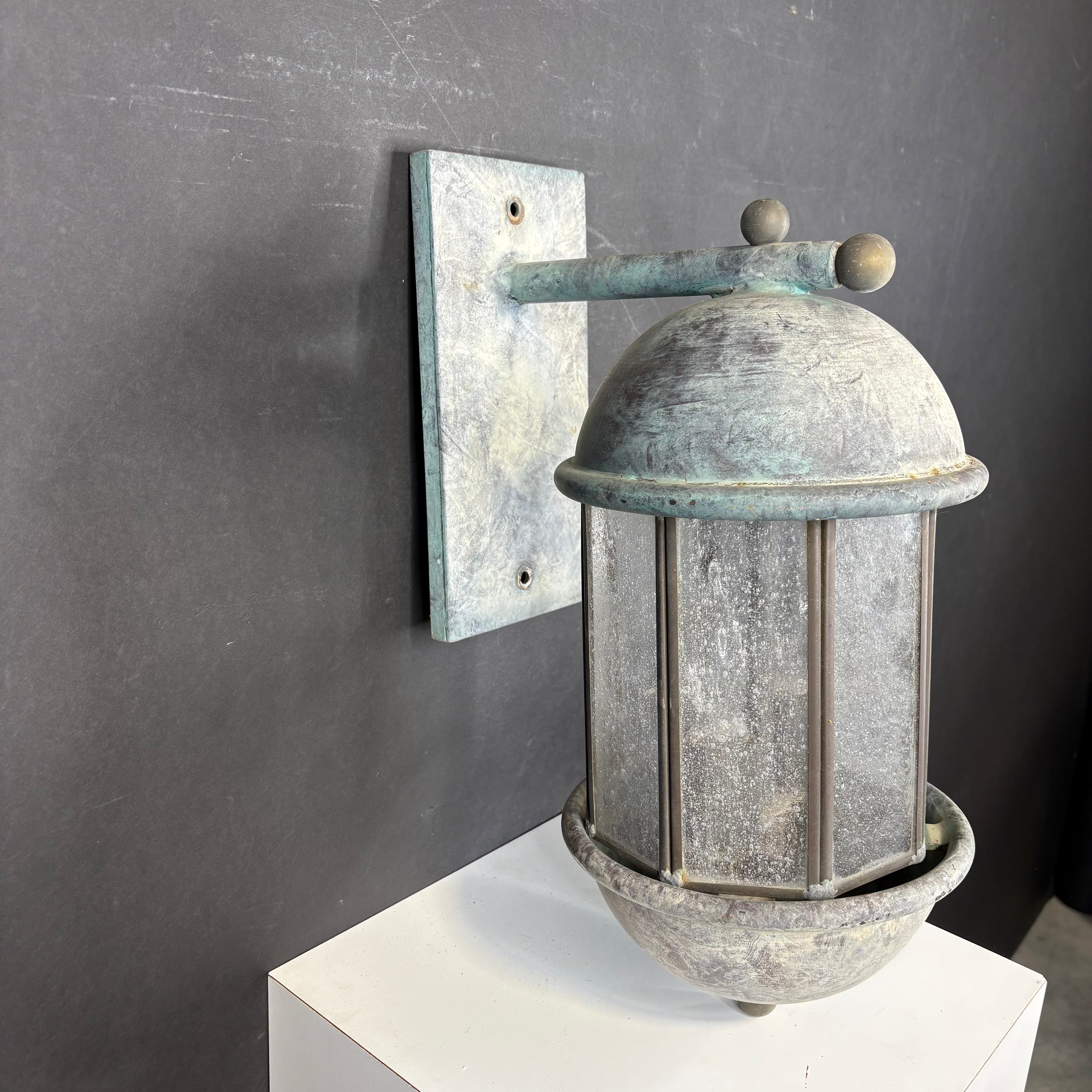 Rustic 2-Light Weathered Patina Iron and Glass Lantern Outdoor Wall Sconce 9”x 18”x 10”