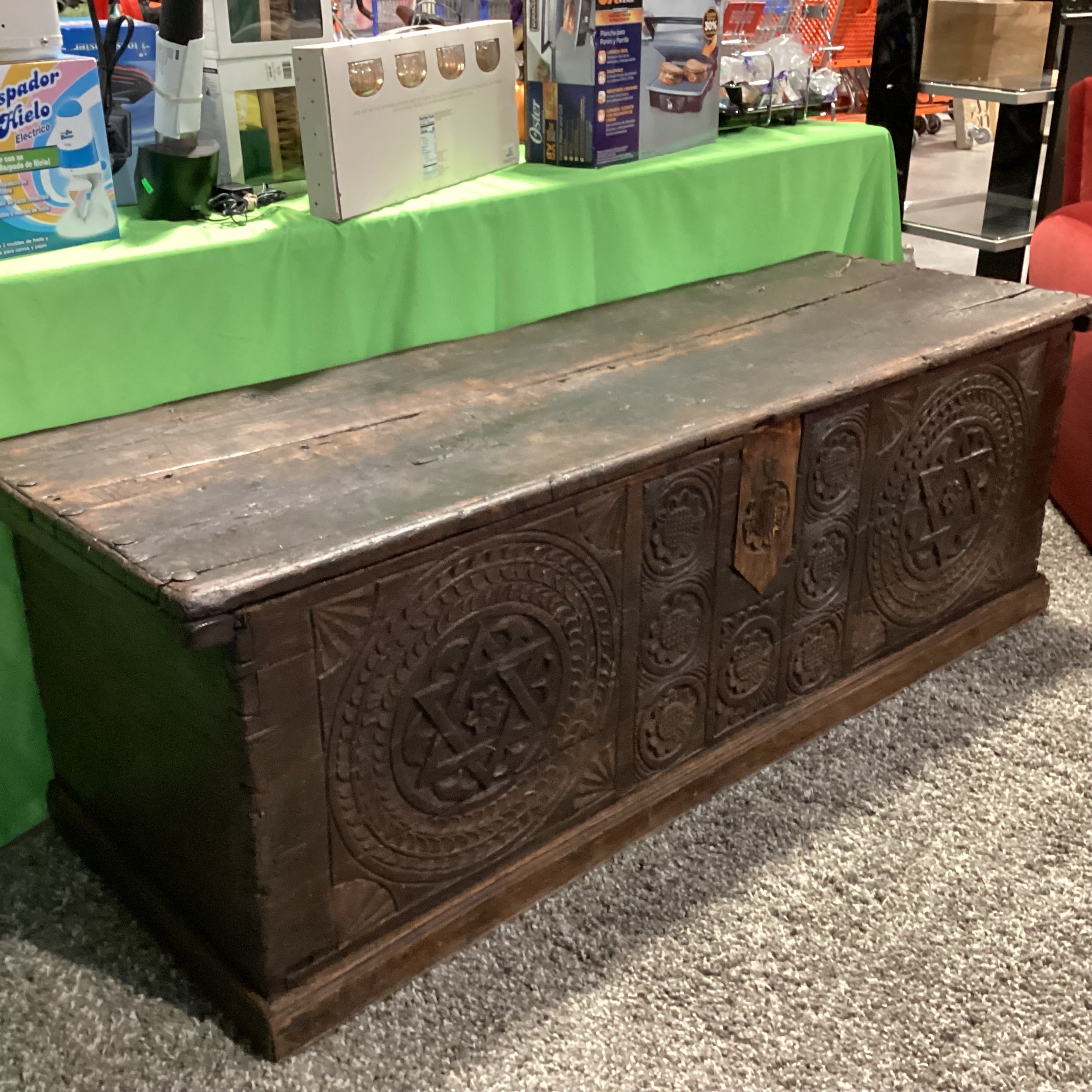 Antique 13th to 17th Century European Chip Carved Oak Hexagram & Geometric Rosettes Blanket Chest or Dowry Trunk 68"x 24"x 24"