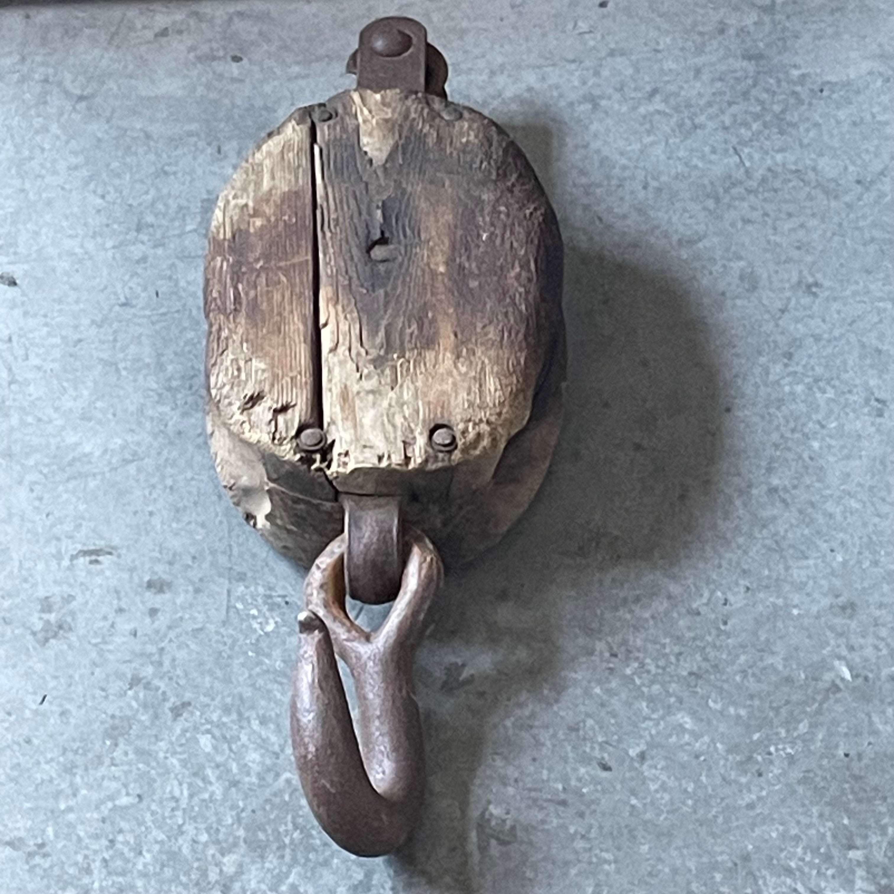Antique Rustic Wood & Cast Iron Block Tackle Pulley, 9"x 6.5"x 23"