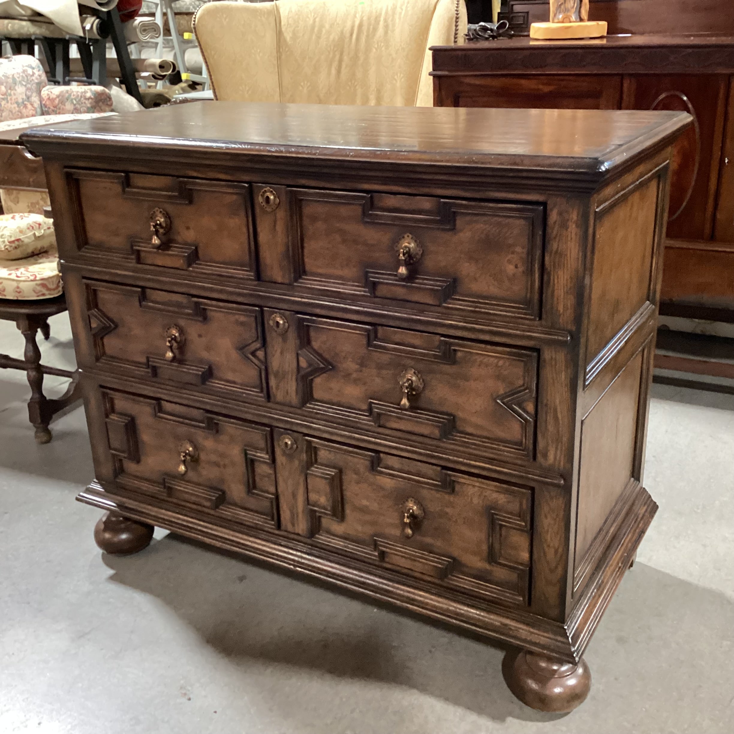 Dark Finish Solid Wood Carved Molding & Ball Feet Detail Brass Teardrop Pulls Keyhole Accent 3 Drawer Chest 43"x 20.5"x 36"