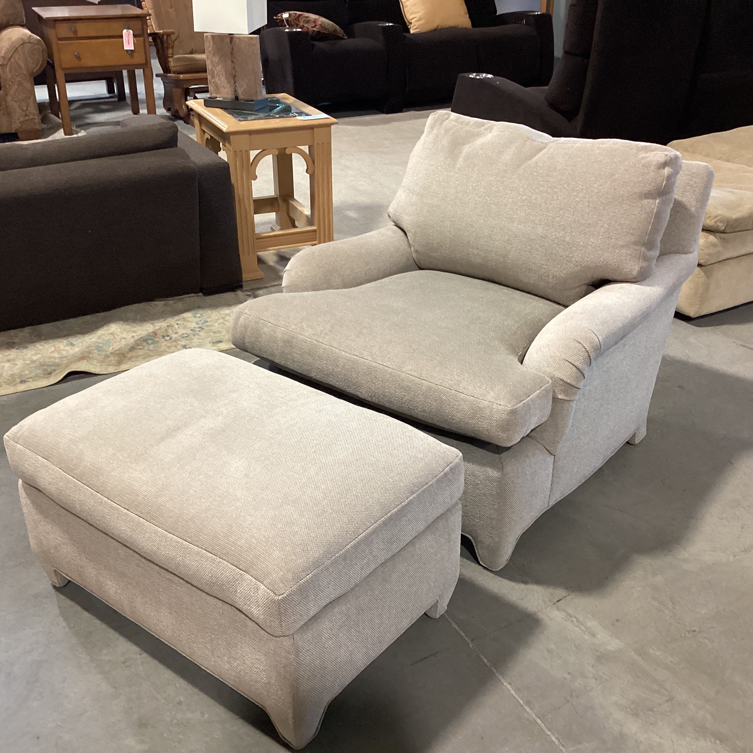 Custom Taupe Beige Grey Woven Down with Ottoman Chair 36"x 40"x 30"