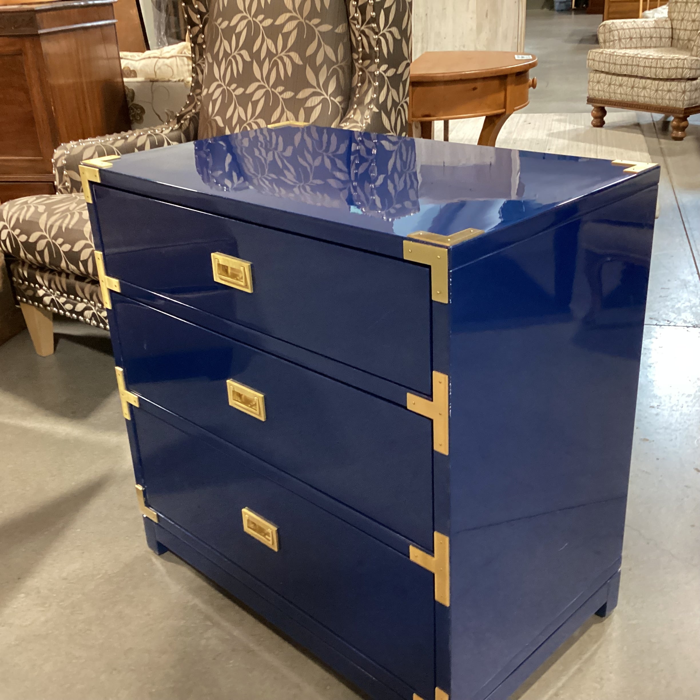 Navy Lacquer & Brass Campaign 3 Drawer Chest 30"x 18.5"x 30.5"