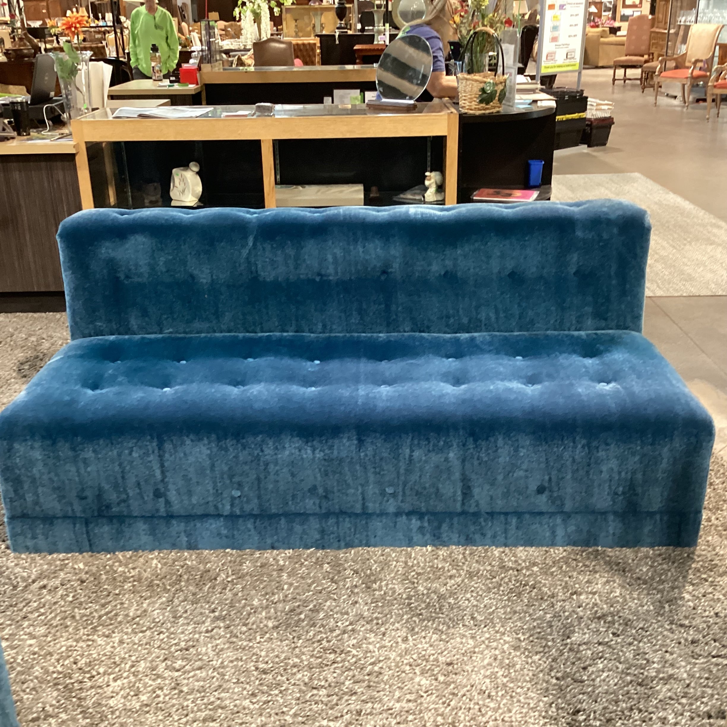 Custom Blue Teal Mohair with Button Tufting Armless Sofa 75"x 35"x 32"