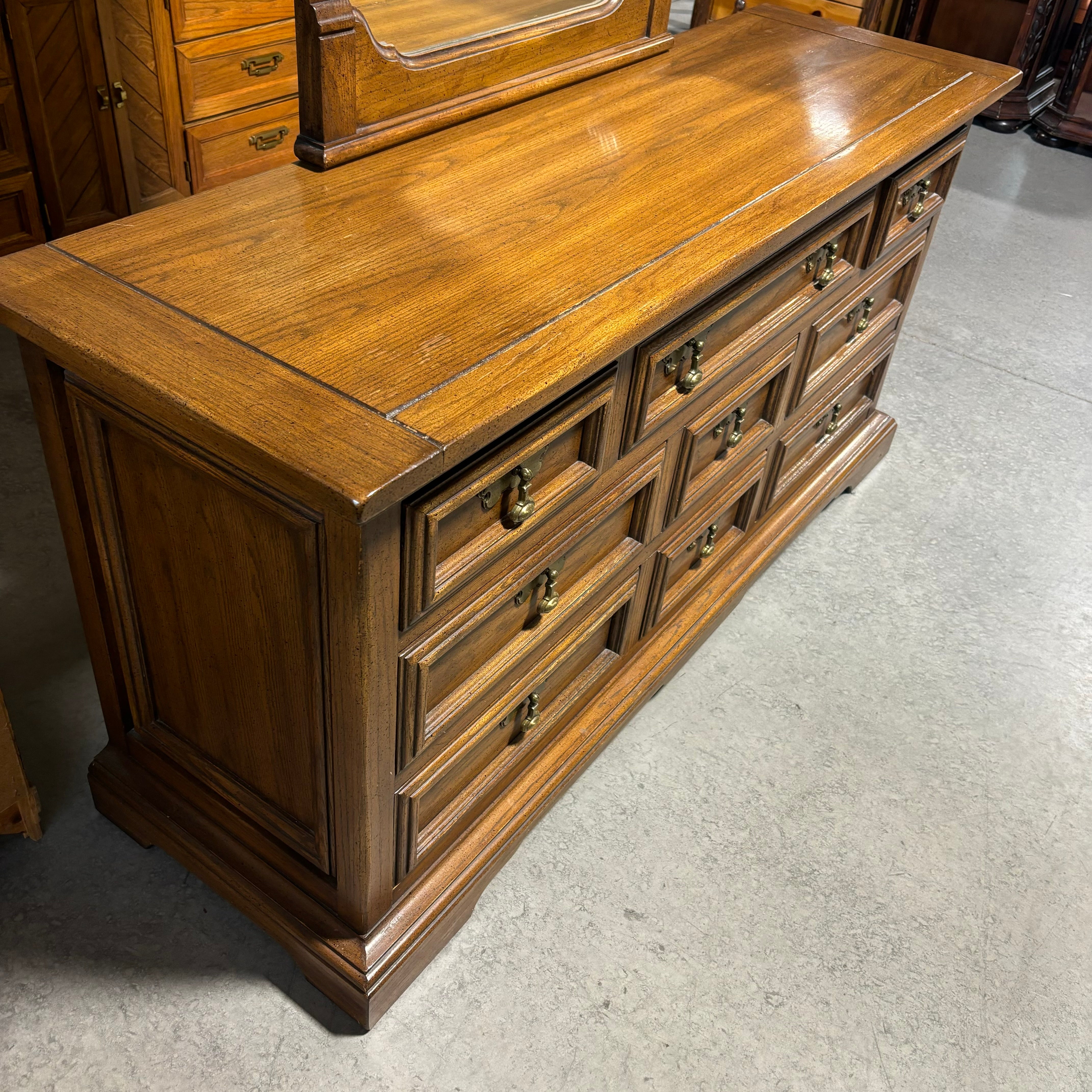 United Furniture Spanish Styl Dark Finish Wood & Brass Tone Handle 9 Drawer with Mirror Dresser 68"x 21"x 85"