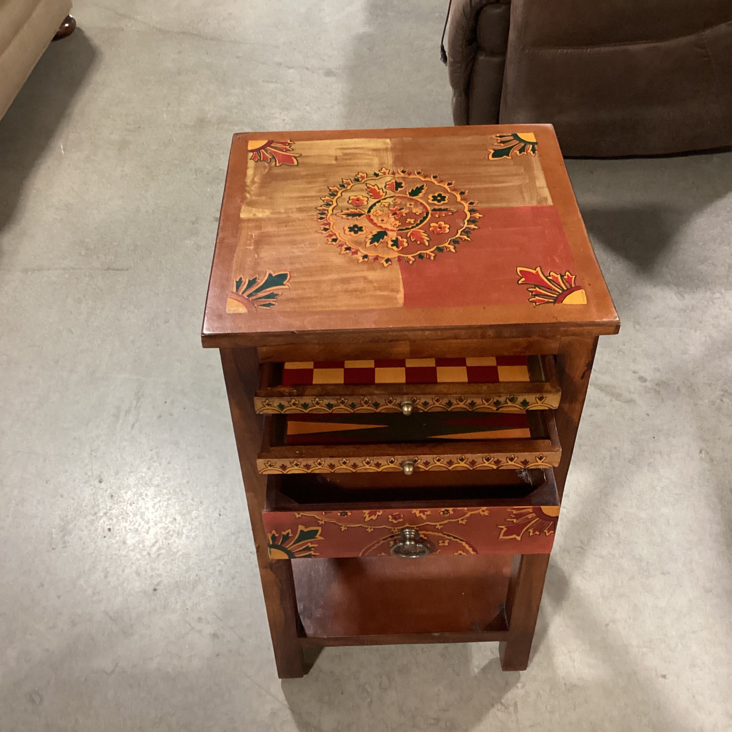 Moroccan Hand Painted Wood Game Board Drawers & Accessories End Table 16"x 15"x 29"  Game