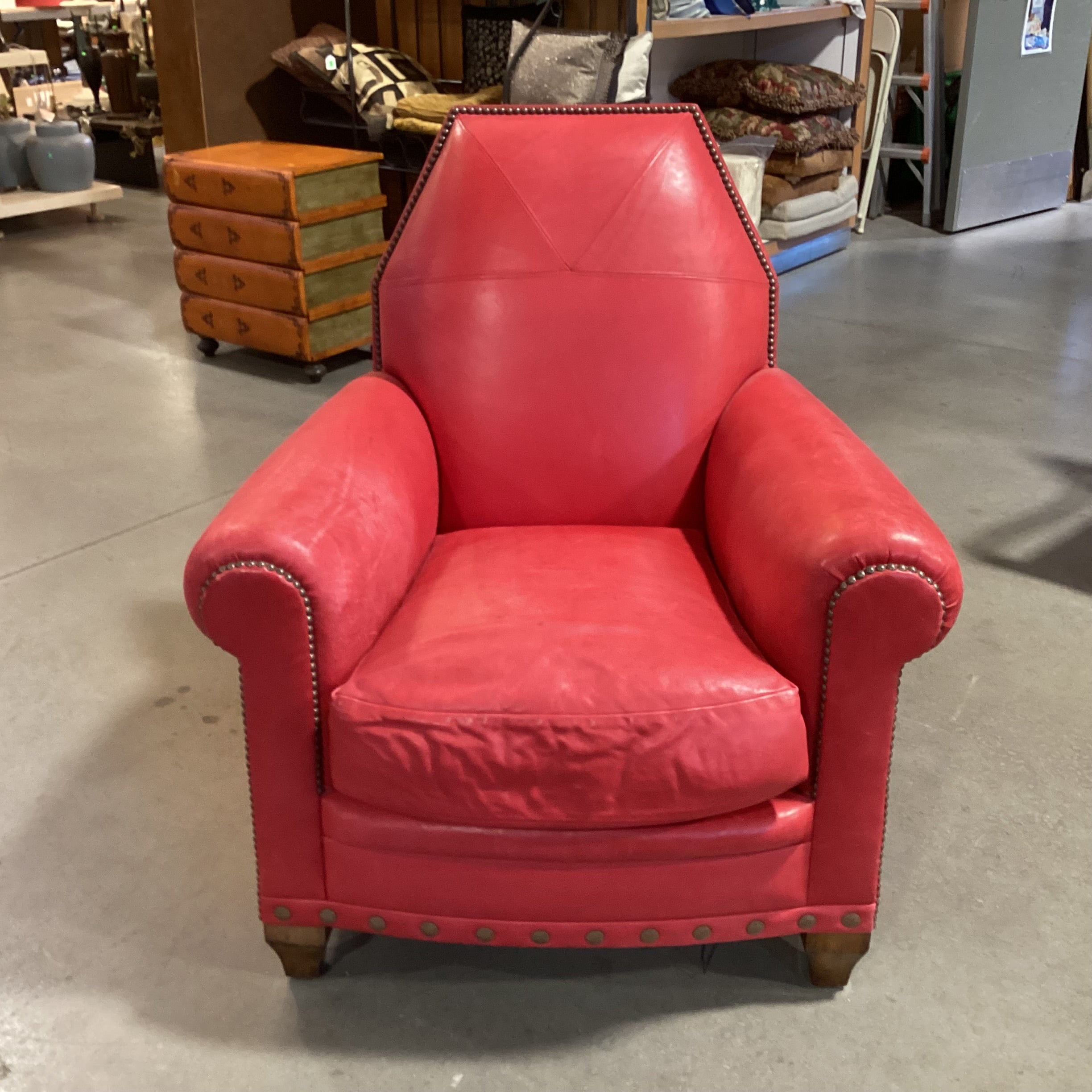 JJ Custom Red Leather Nailhead High Back Chair 35"x 37"x 38.5"