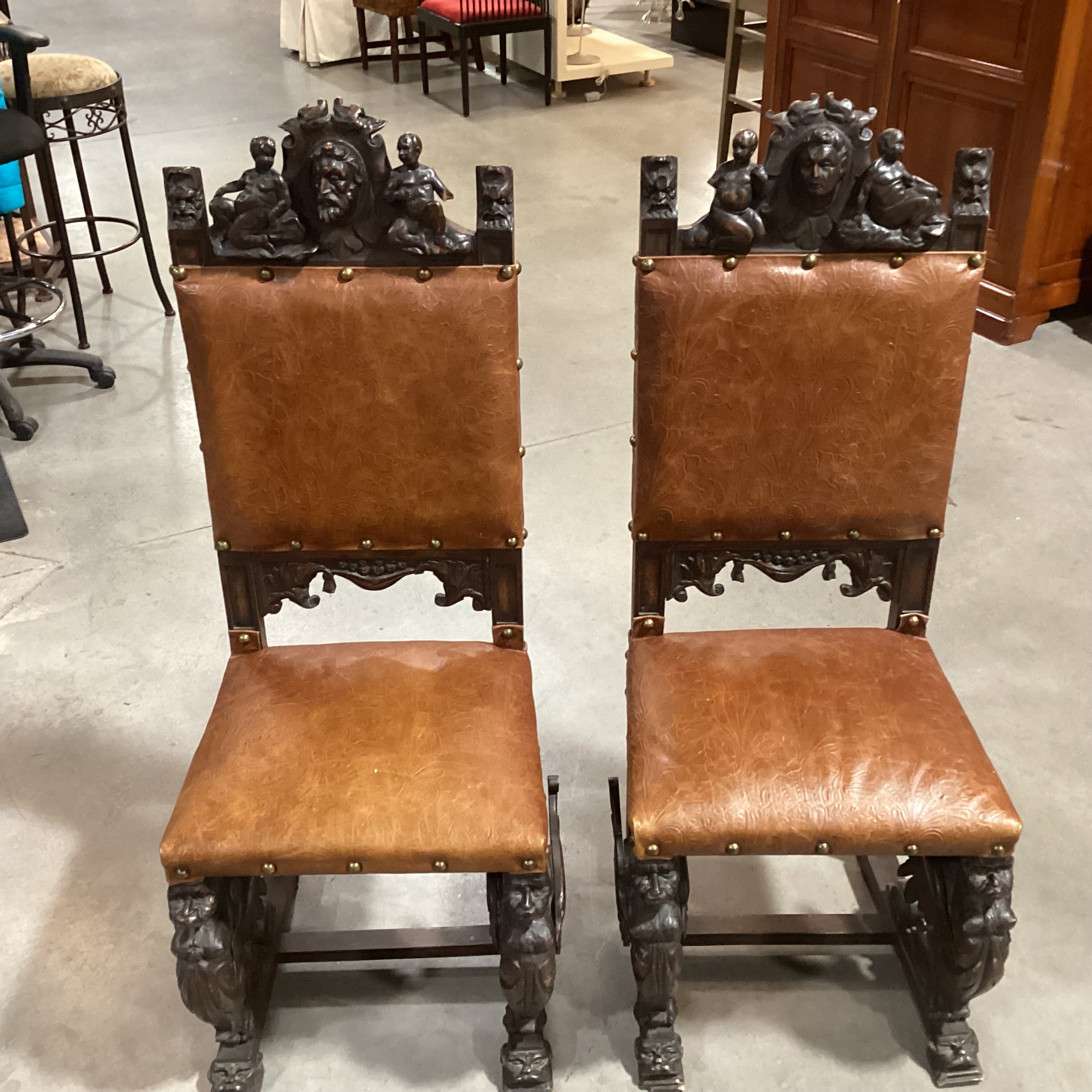 SET of 2 Antique Ornate Carved Wood & Embossed Leather Antique Chairs 20"x 20"x 48"