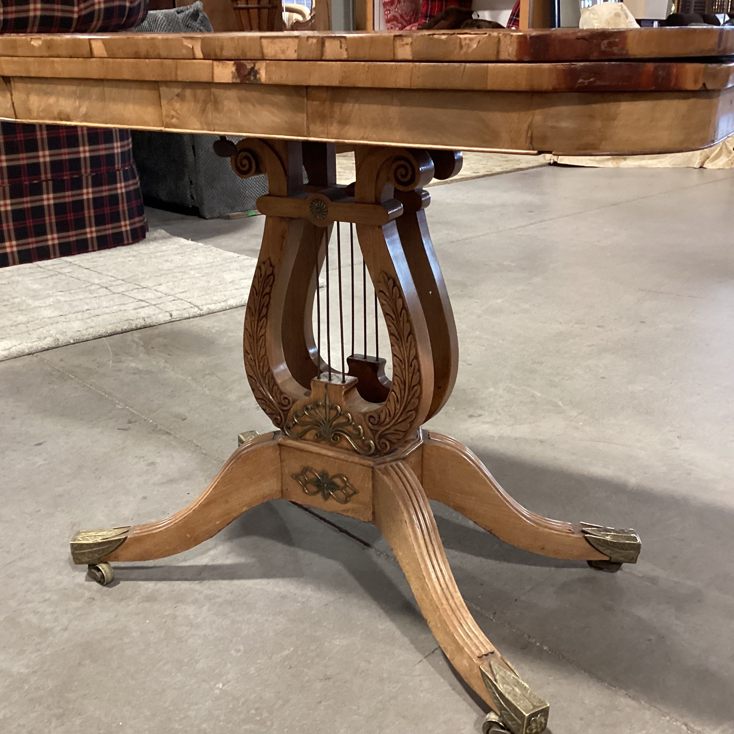 Antique Carved Wood & Veneer Twist Top to Open with Harp Pedestal & Brass Accents Accent Table 36"x 18" to 36"x 29.5"