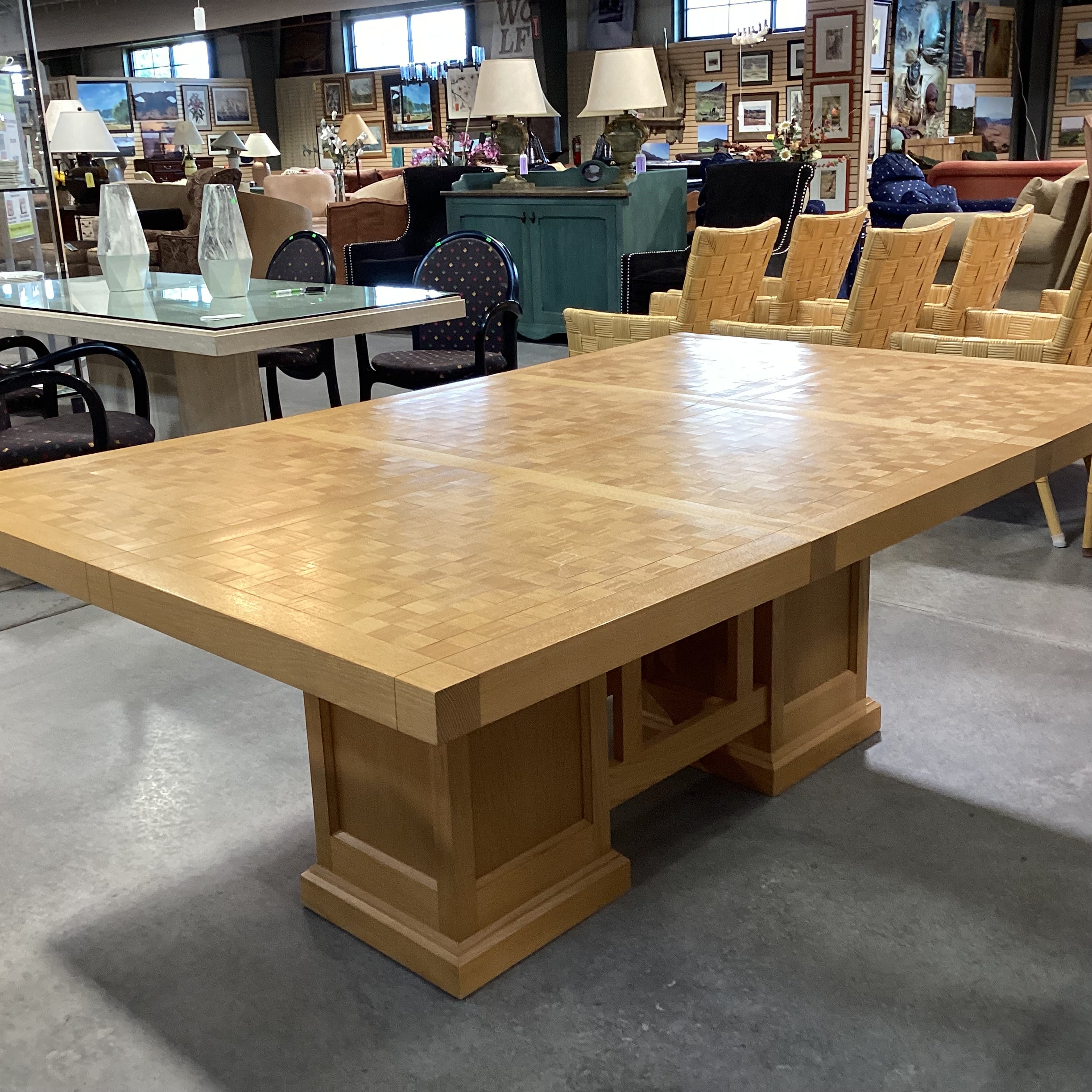 Frank Lloyd Wright Style Light Oak with Block Style Inset Dining Table 77.5"x 49.5"x 29.5"