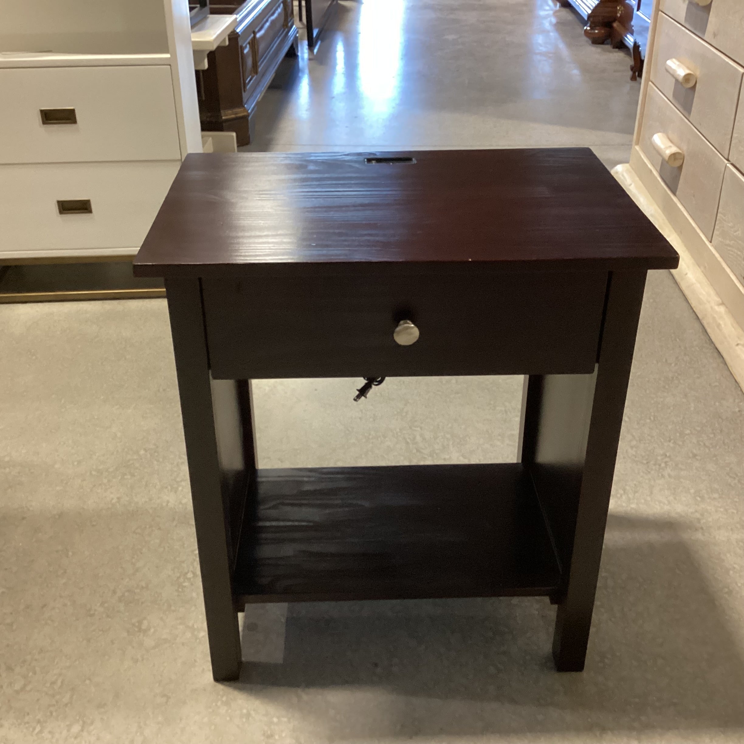 Dark Finish Wood 1 Drawer With Bottom Shelf & Plug In USB Outlet Nightstant 24"x 17"x 27"