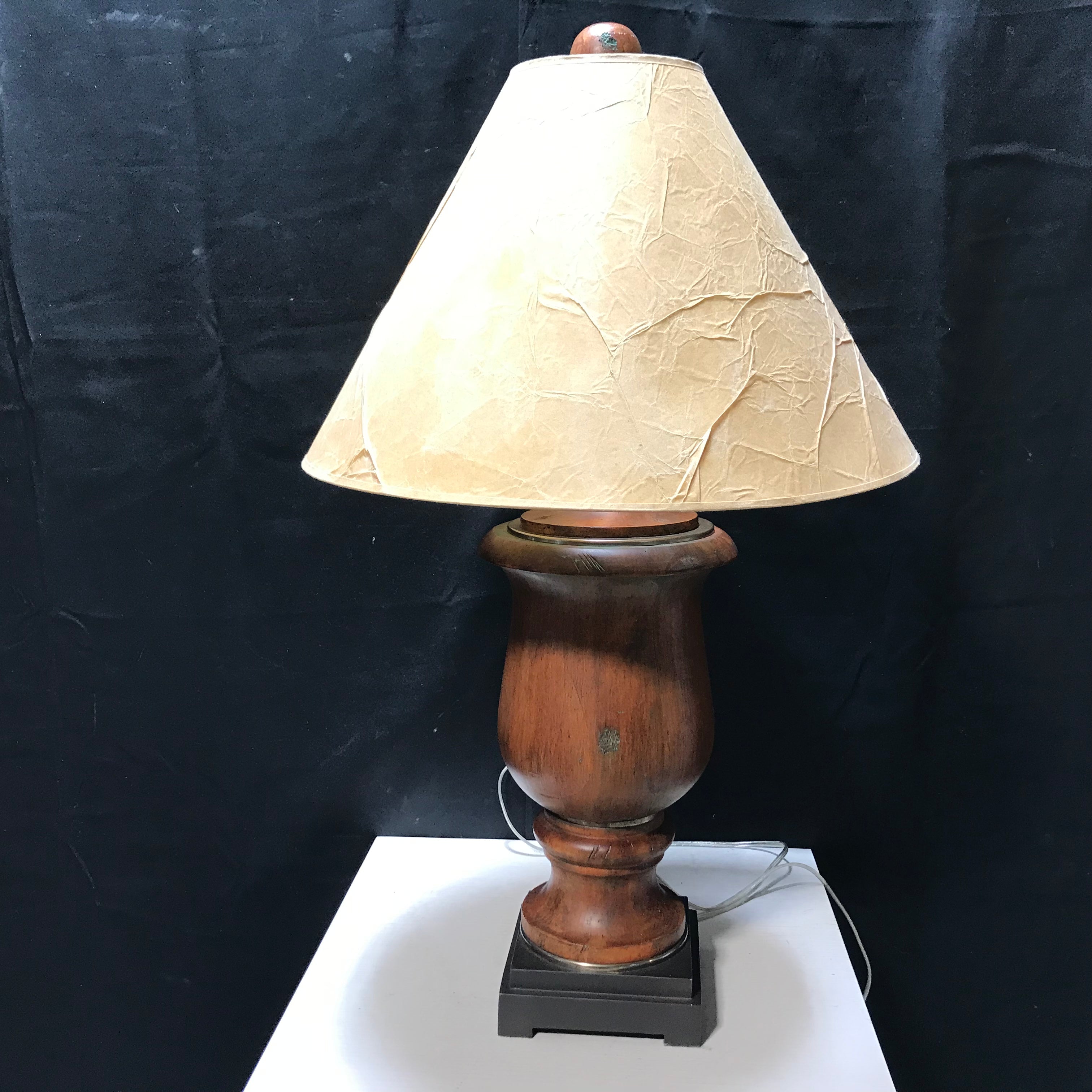 Wood Base And Lathed Wood Column Table Lamp With Shade 7" Base Height 32"