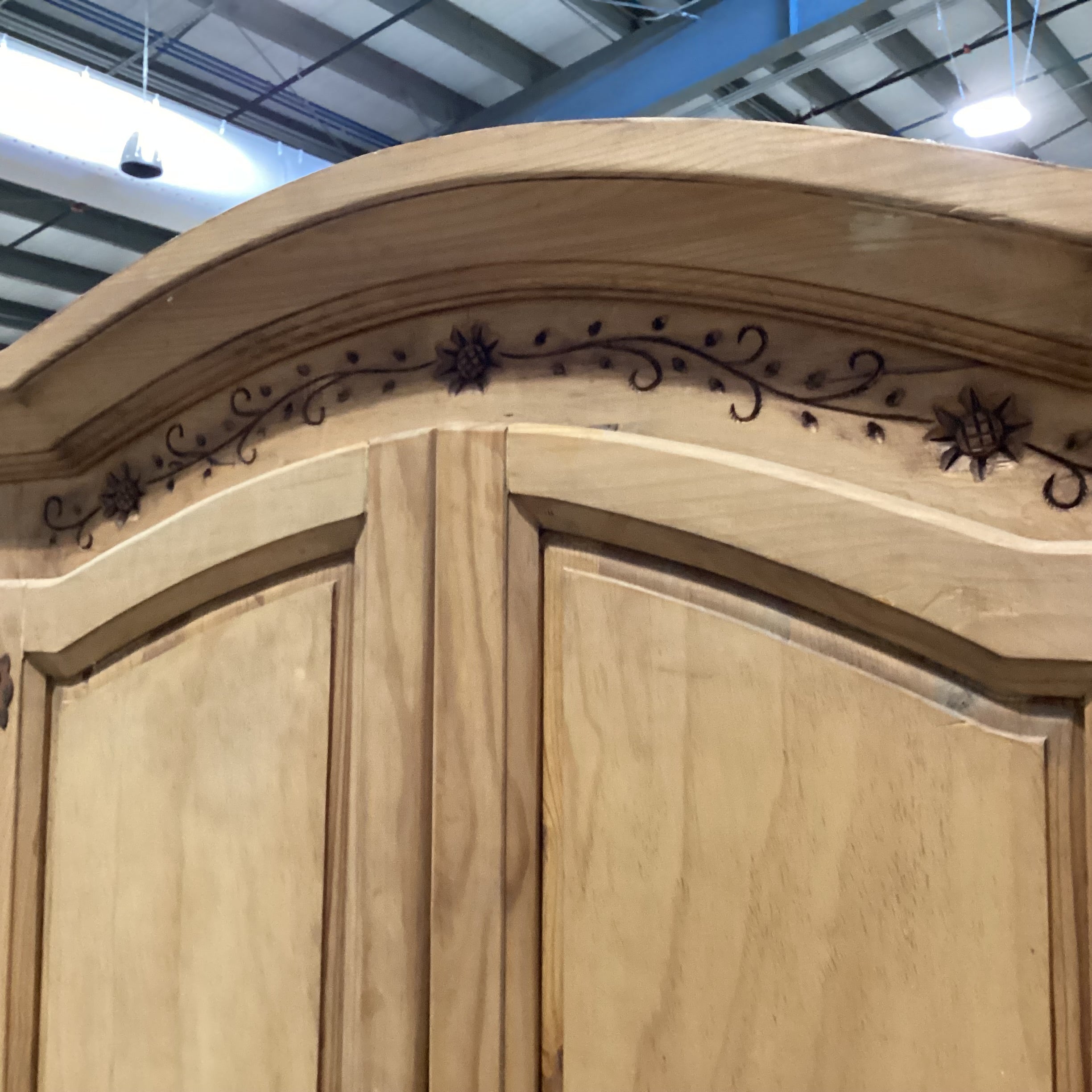 Arched Rustic Natural Carved Wood 4 Door with Shelves & 2 Drawer Armoire 48.5"x 26"x 80.5"