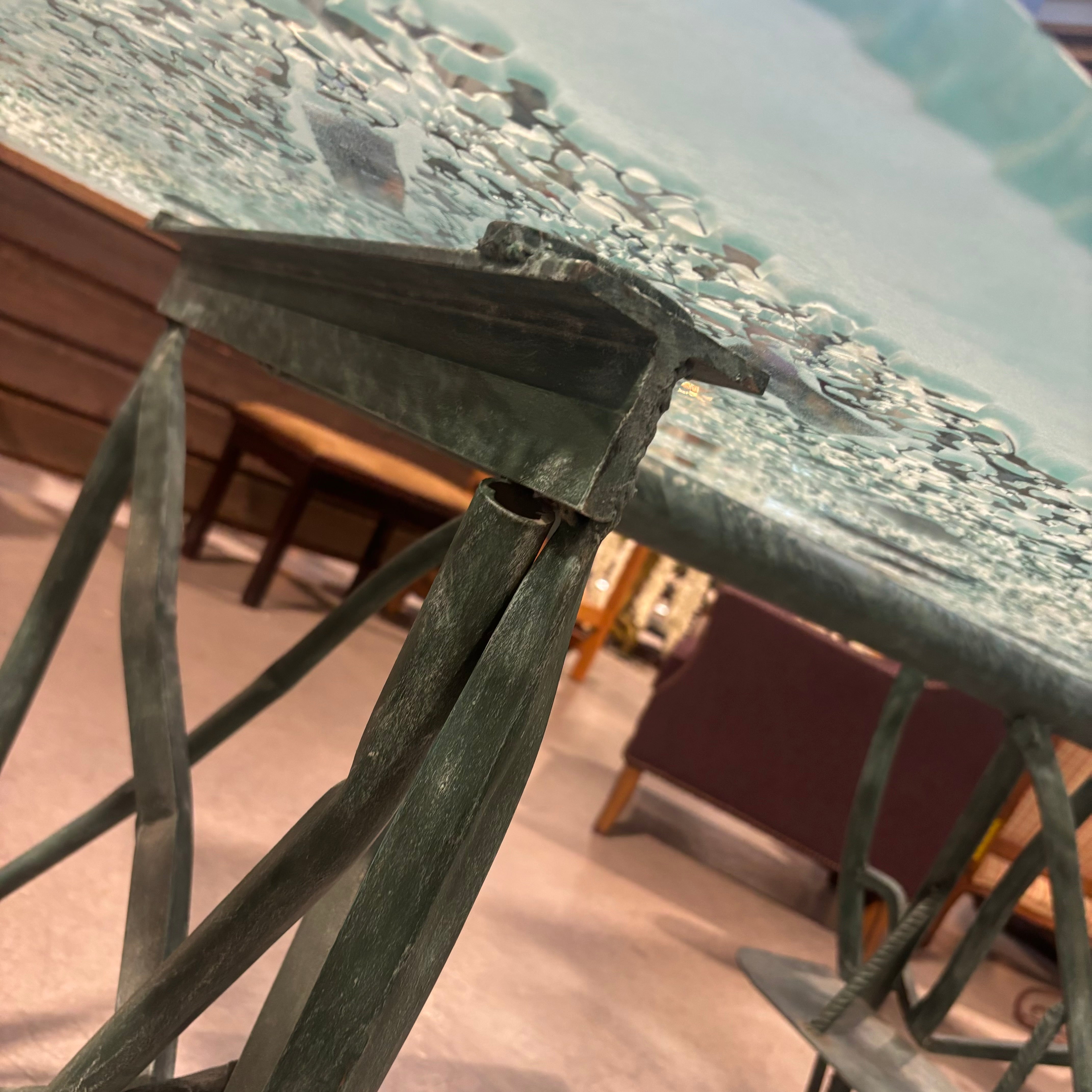 Marco De Gueltzl Patina Ornate Steel Base with Frosted Engraved Top Desk  60"x 40"x  30.5"