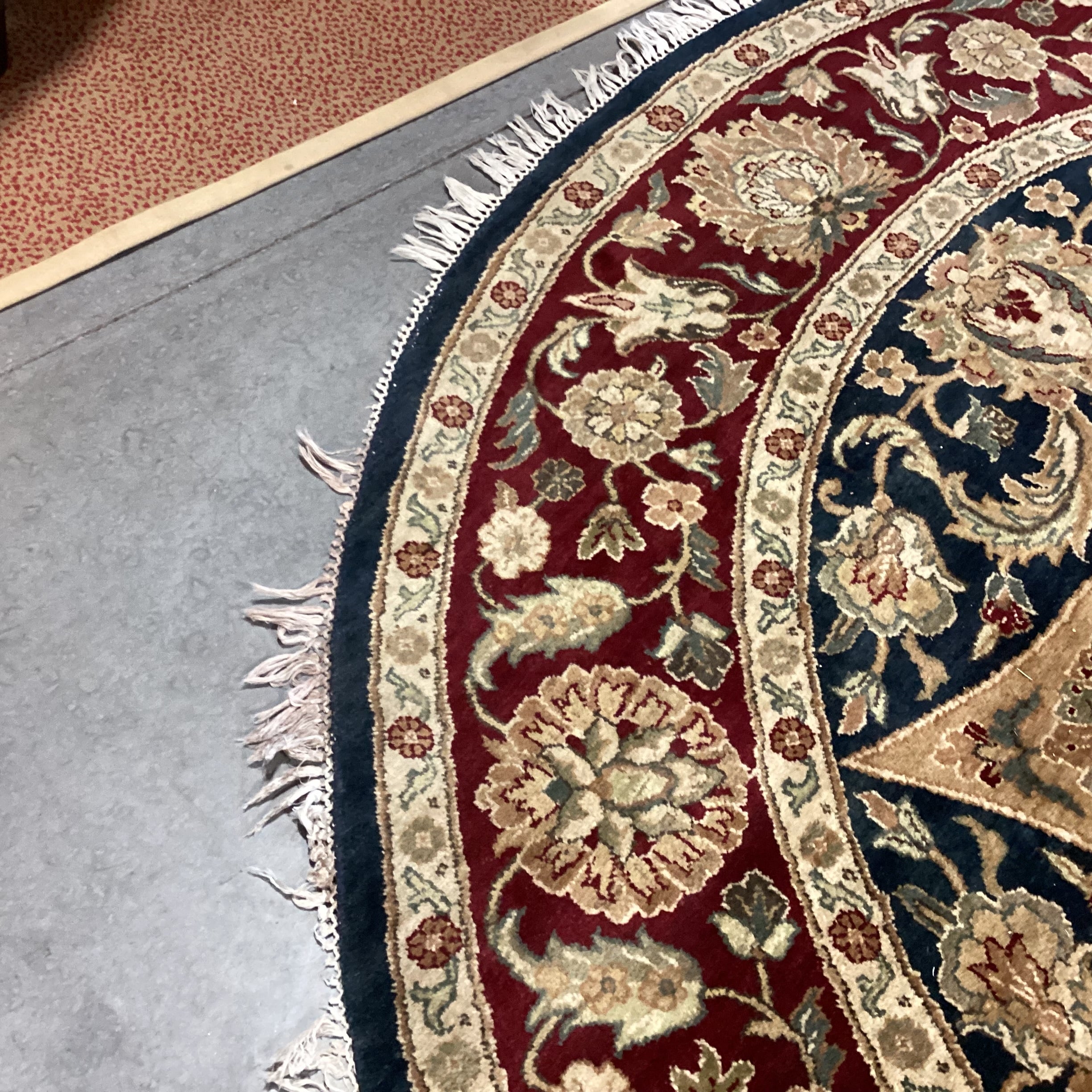 Red Blue Gold Round Hand Woven Wool Rug 8'3" Diameter