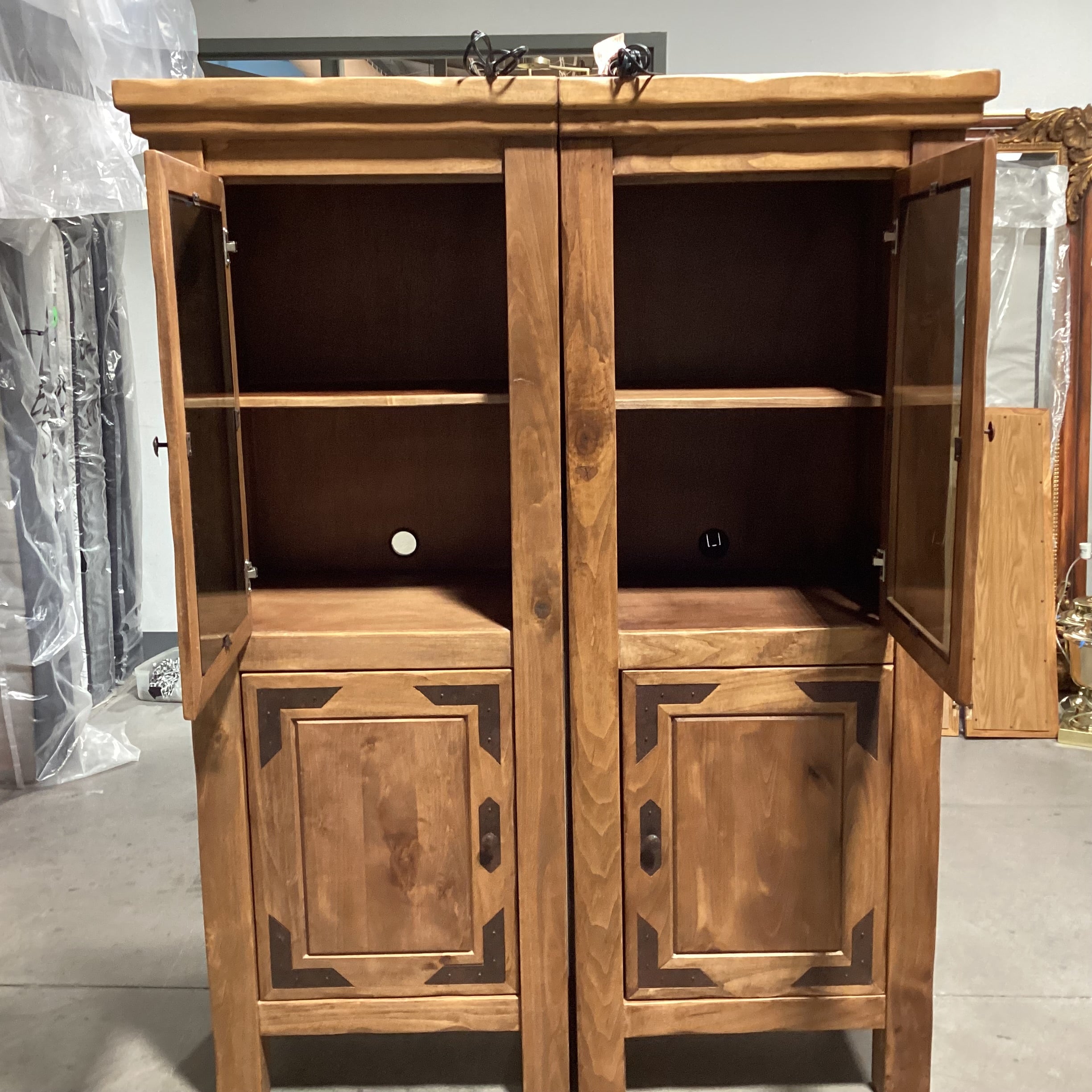 SET of 2 Solid Rustic Wood 4 Door with Shelves Double Lighted Cabinet Bookcase 57"x 23"x 75"