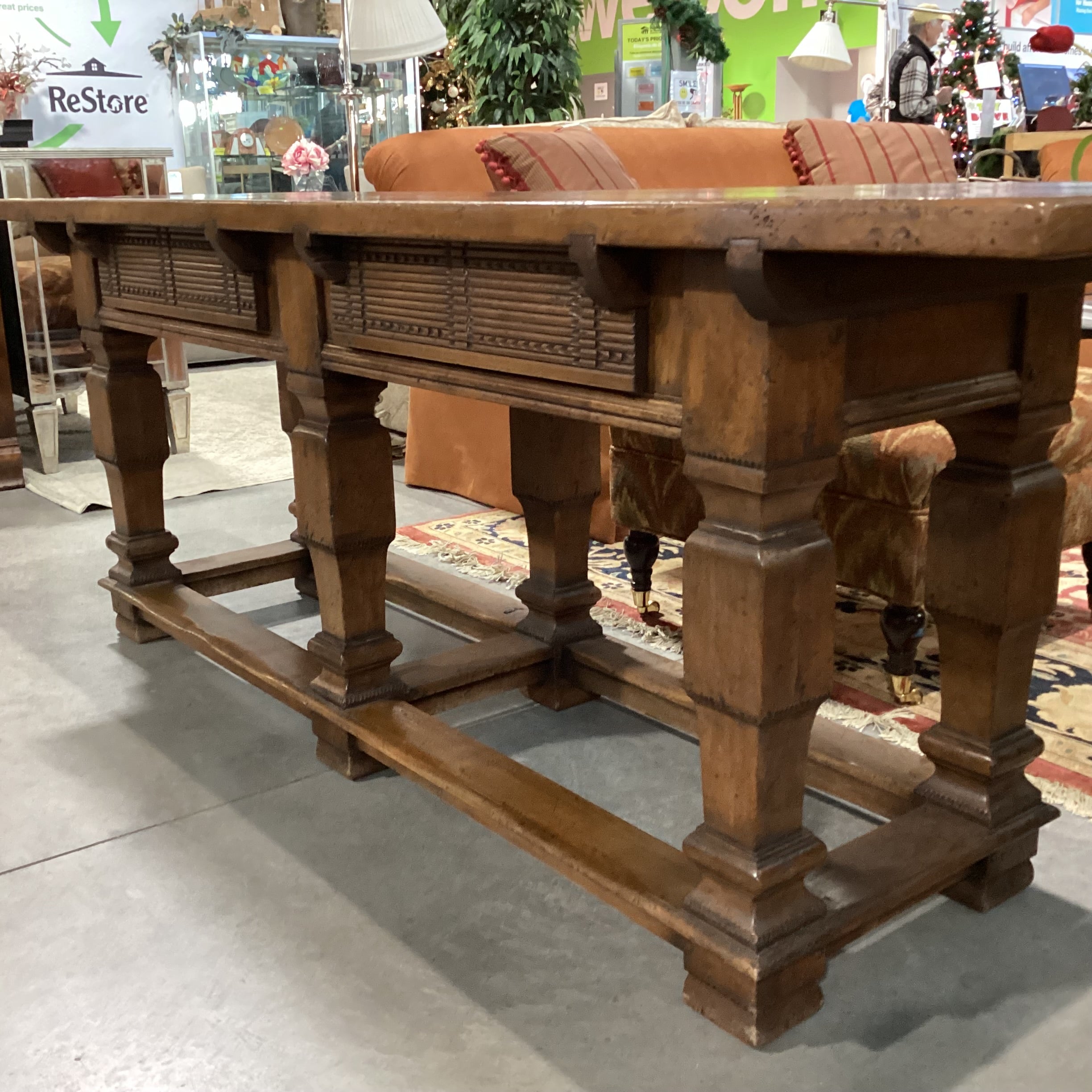 Rustic Distressed Solid Carved Wood 2 Drawer Console Sofa Table 82"x 22"x 30"