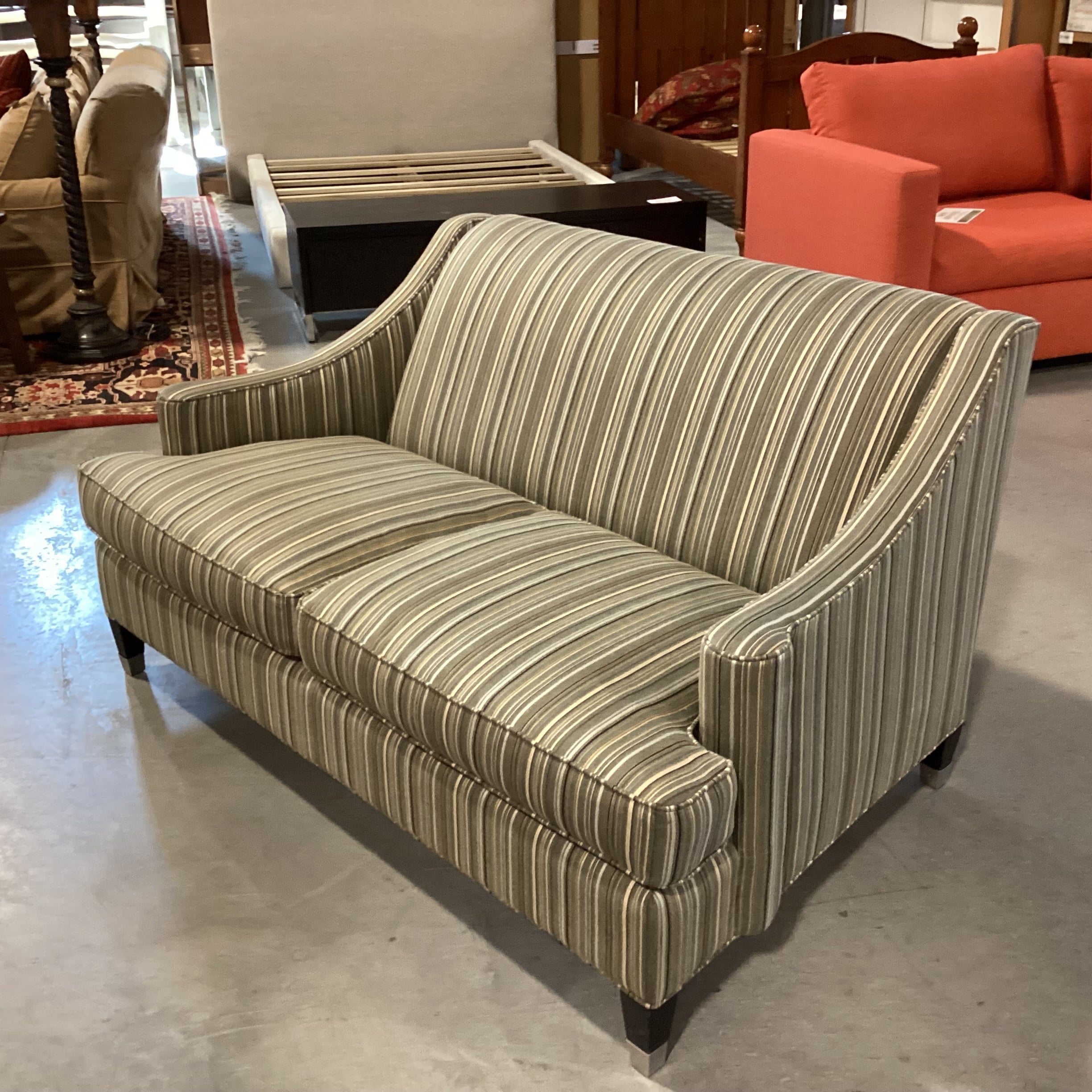 Room & Board Green Gold Brown Stripe with Slope Arm Loveseat Sofa 60"x 36"x 31"