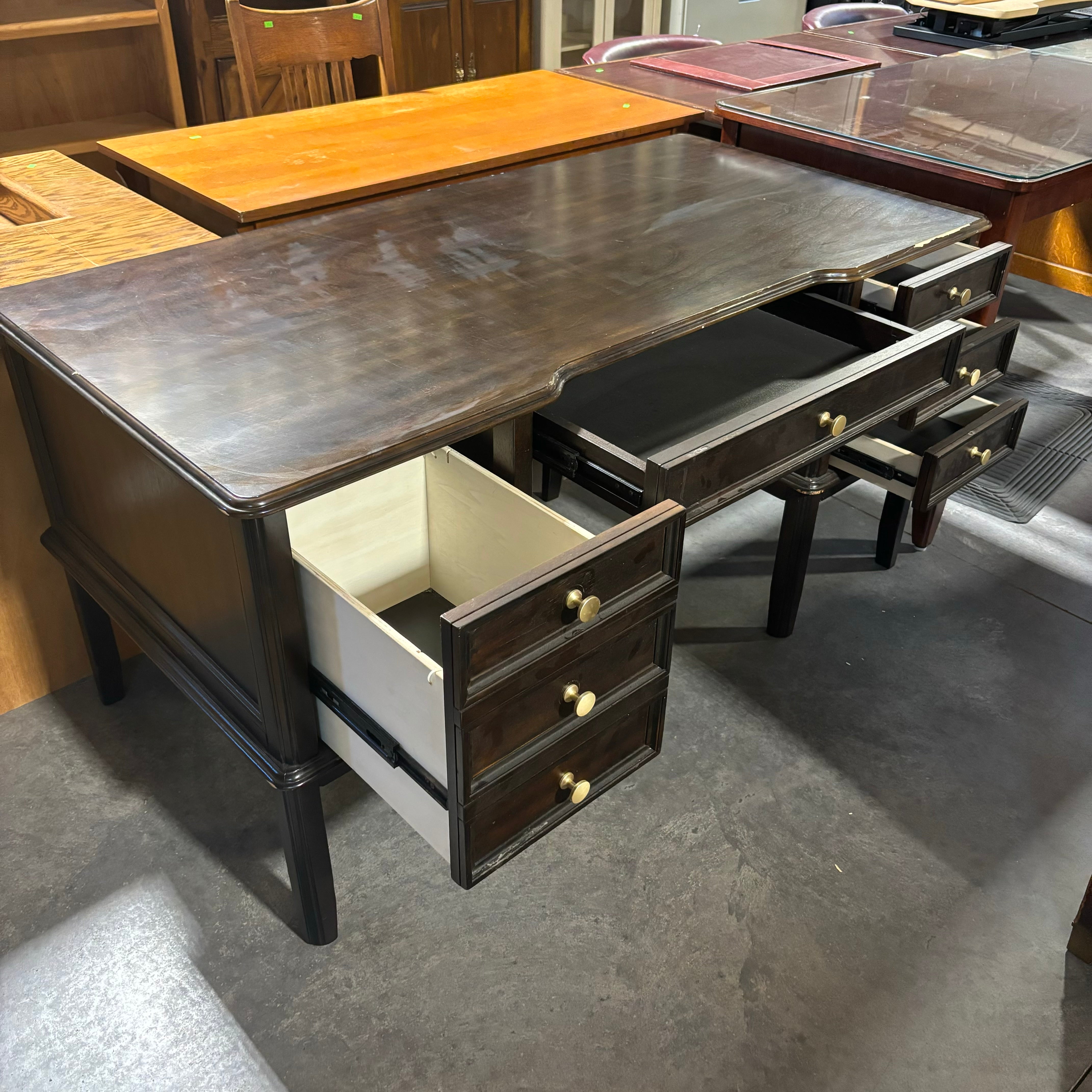 Ashley Dark Finish Wood Style Laminate with Brass Colored Accents 5 Drawer Desk 60"x 30"x 30"