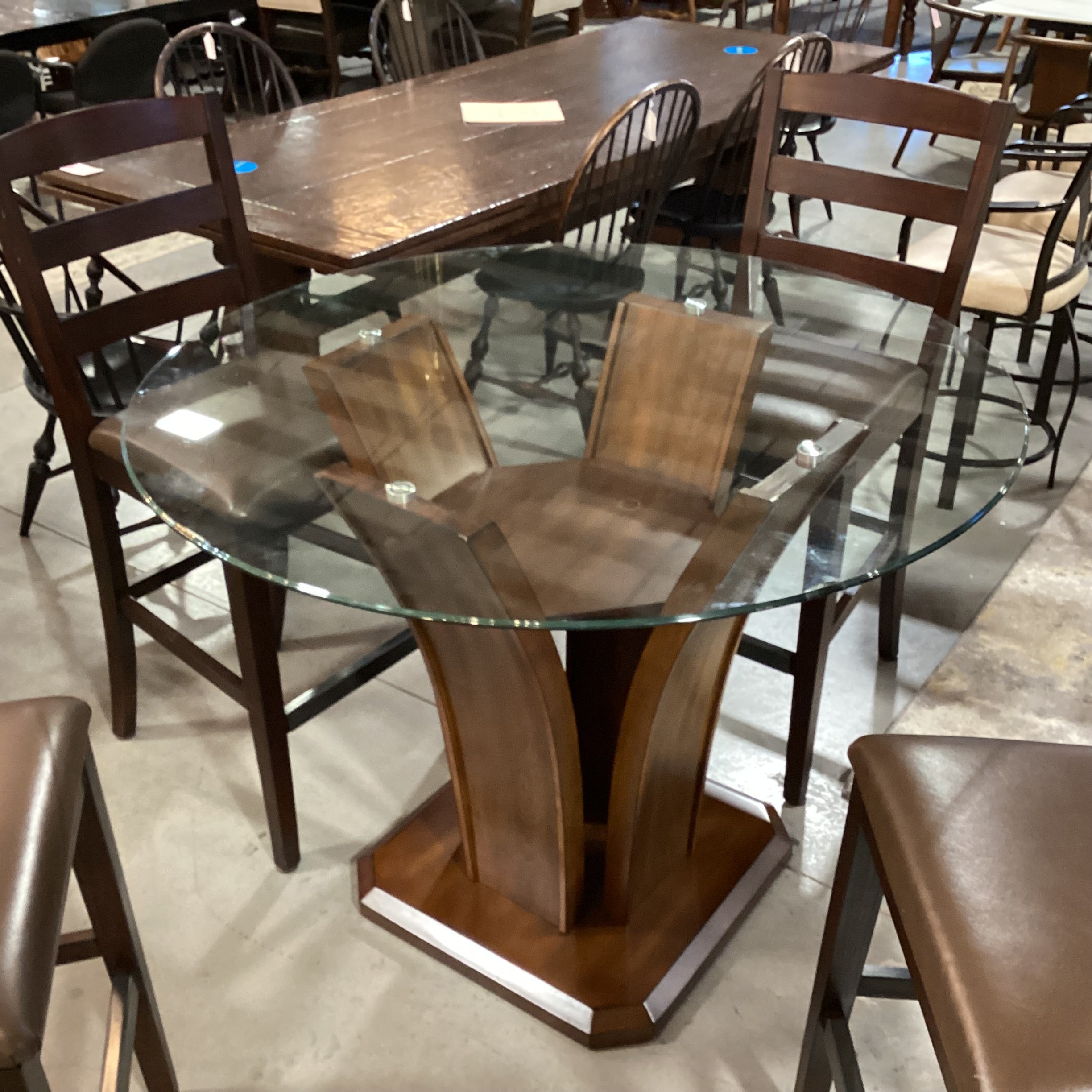 Wood & Glass Table with 4 Wood & Leather Barstools Dining Set 48" Diameter x 36"
