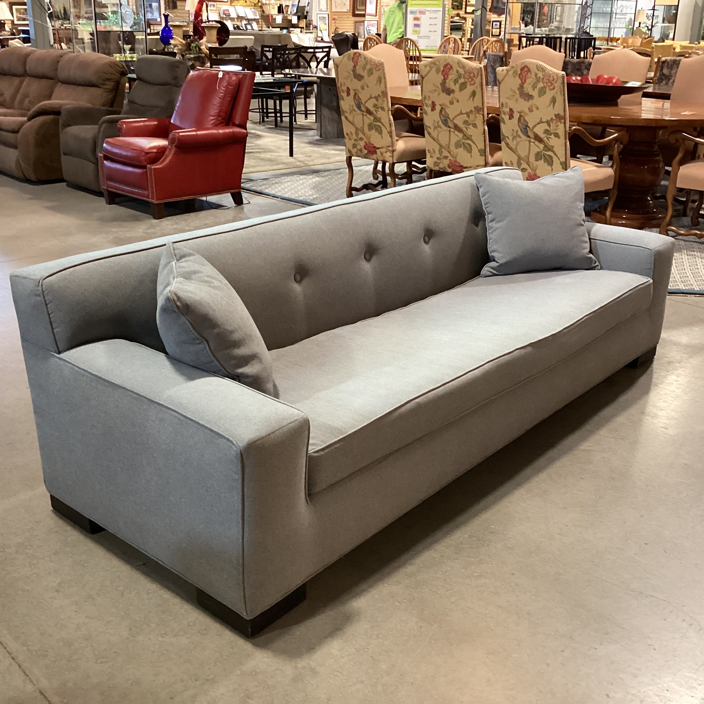 Mid Century Modern Style Blue Grey Wool Button Tufted Back Long Sofa 98"x 36"x 30"