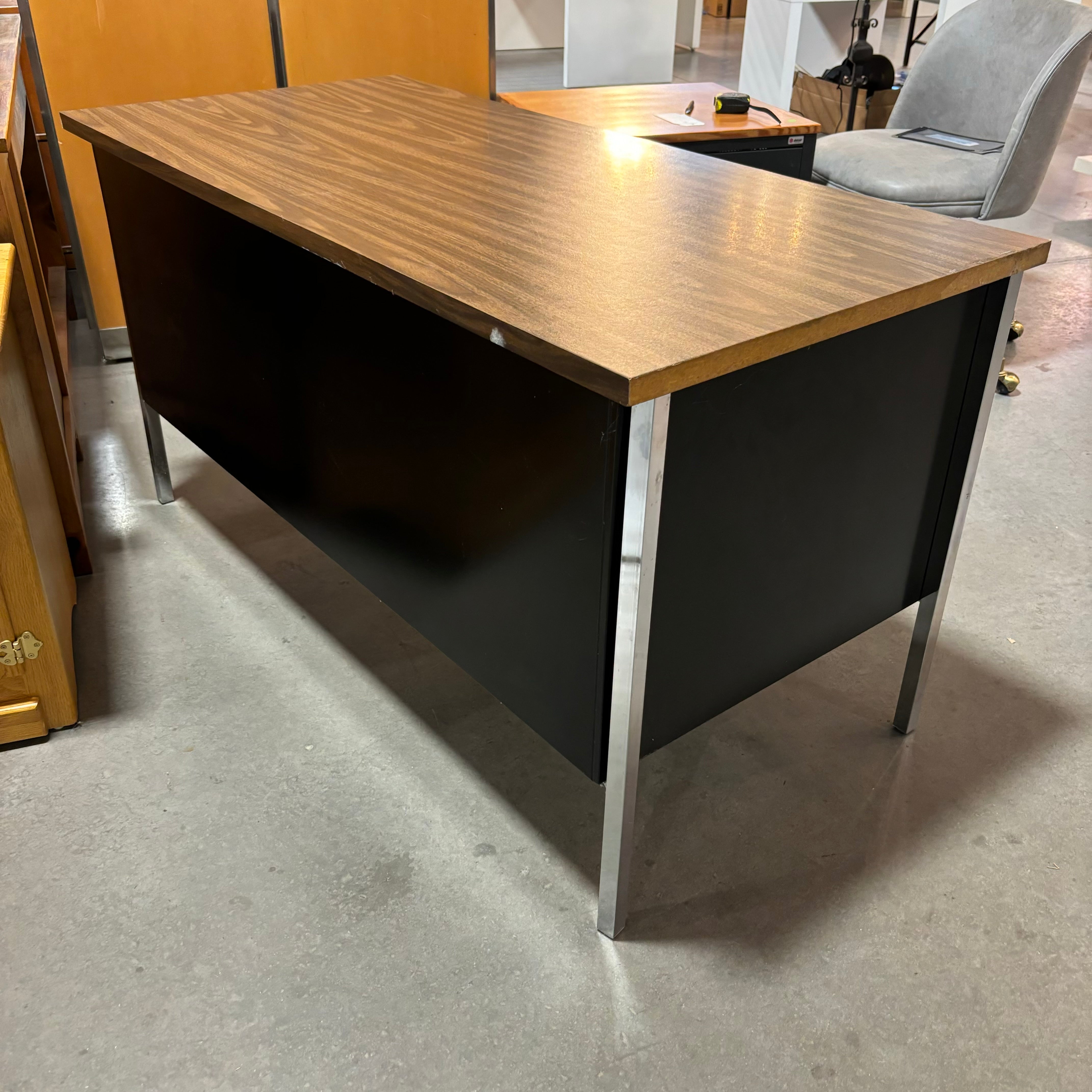 Dark Wood Veneer & Black Steel Base 4 Drawer with Center Pullout Desk 55"x 26"x 29"