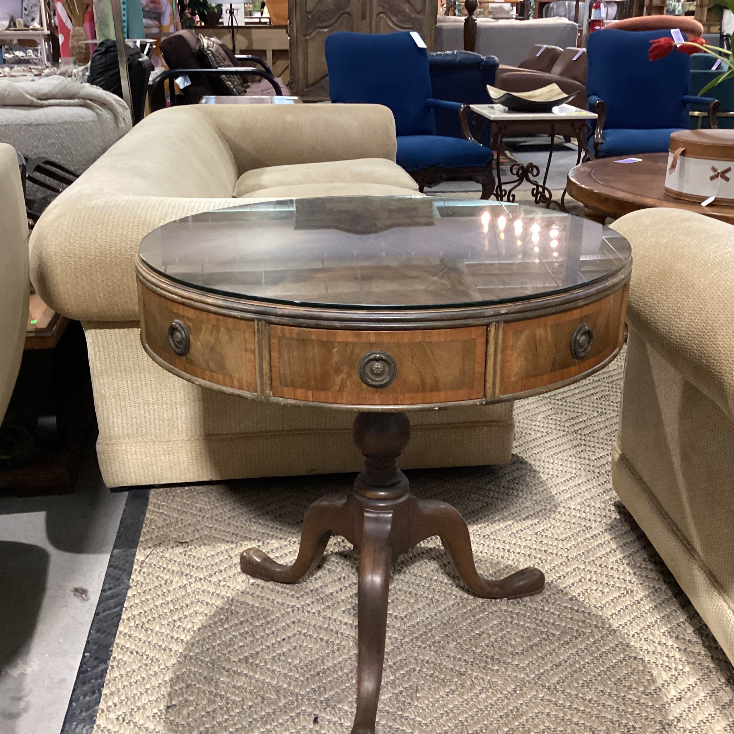 Antique Round Carved Wood &  Flamed Mahogany Veneer 4 Drawer Glass Top Accent Table 30" Diameter x 29.5"