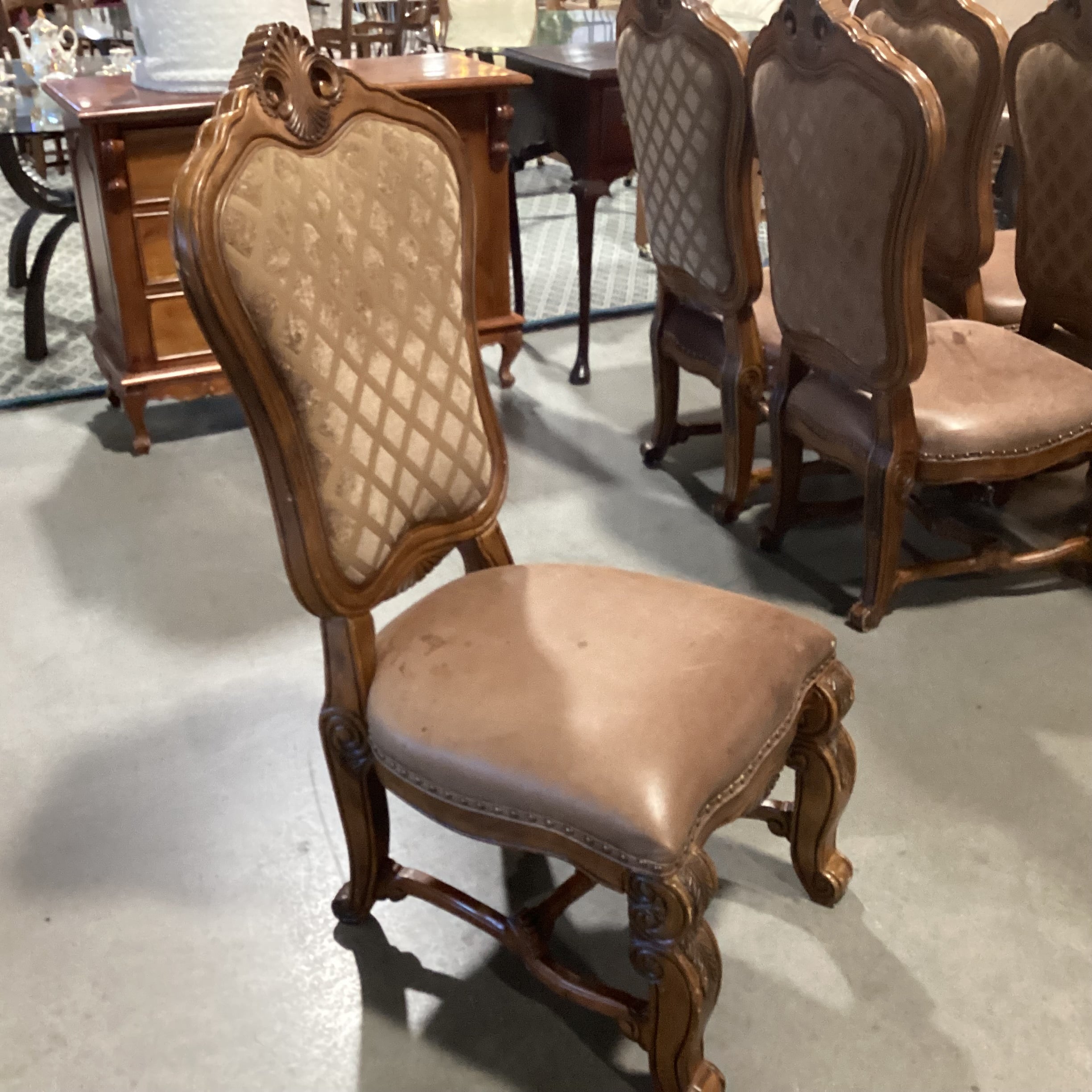 SET of 6 Carved Wood Tuscano Leather Seat & Diamond Upholstered Dining Chairs