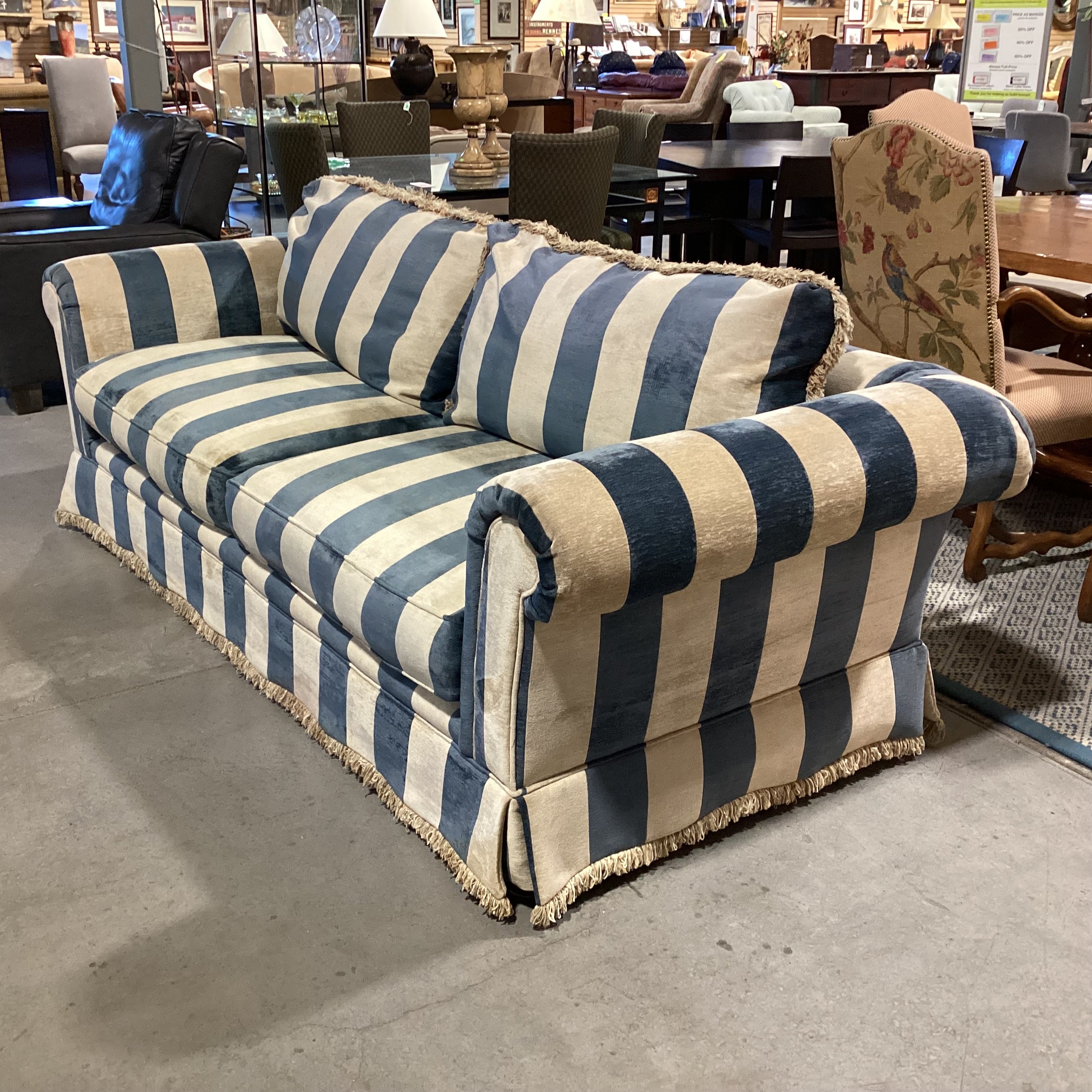Custom Wedgewood Blue & Beige Velvet with Fringe Down Mix Sofa 96"x 44"x 30"