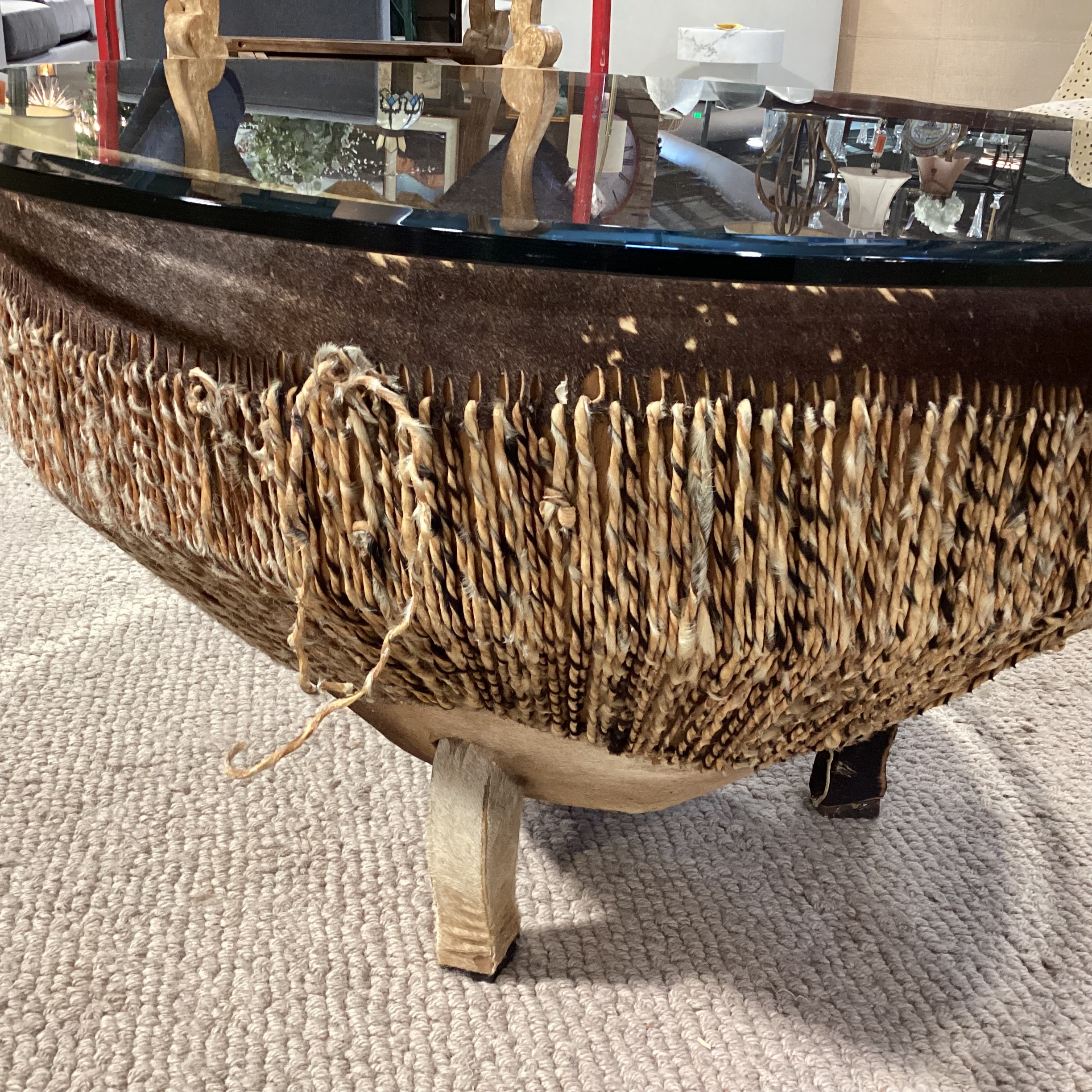 Vintage African Tribal Drum with Hide & Glass Top Coffee Table 34" Diameter x 20"