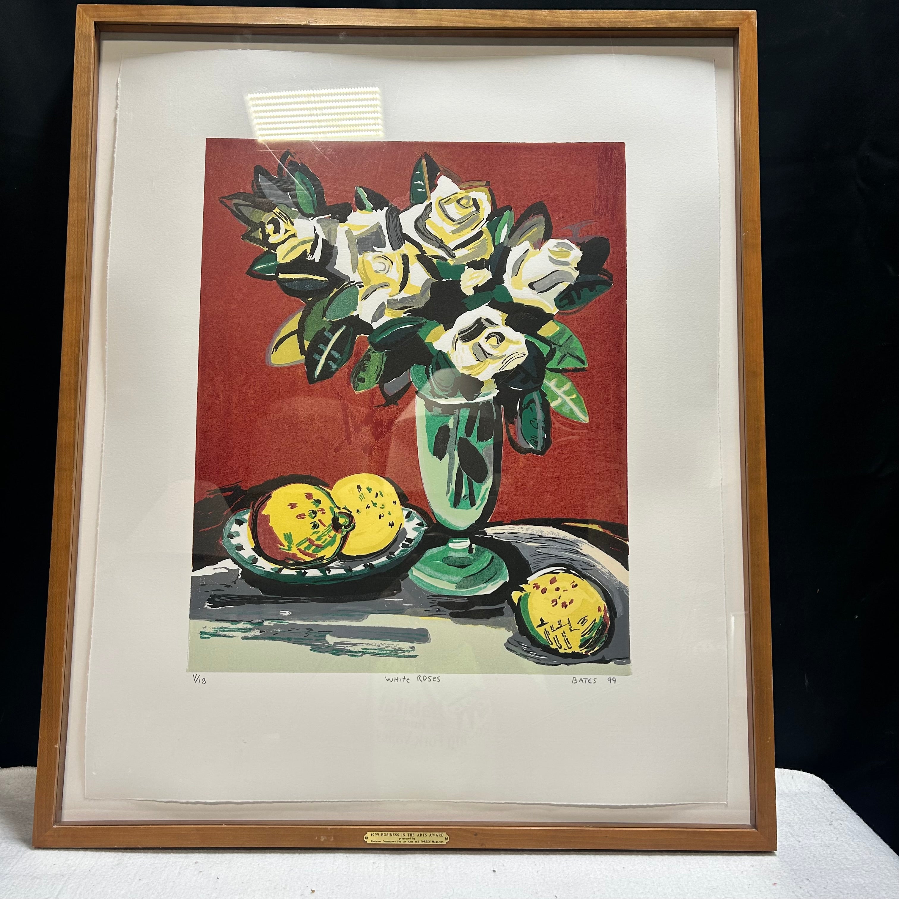 David Bates "White Roses" 4/18 SilkScreen Signed With Award Plaque Below 26"x 31.5"