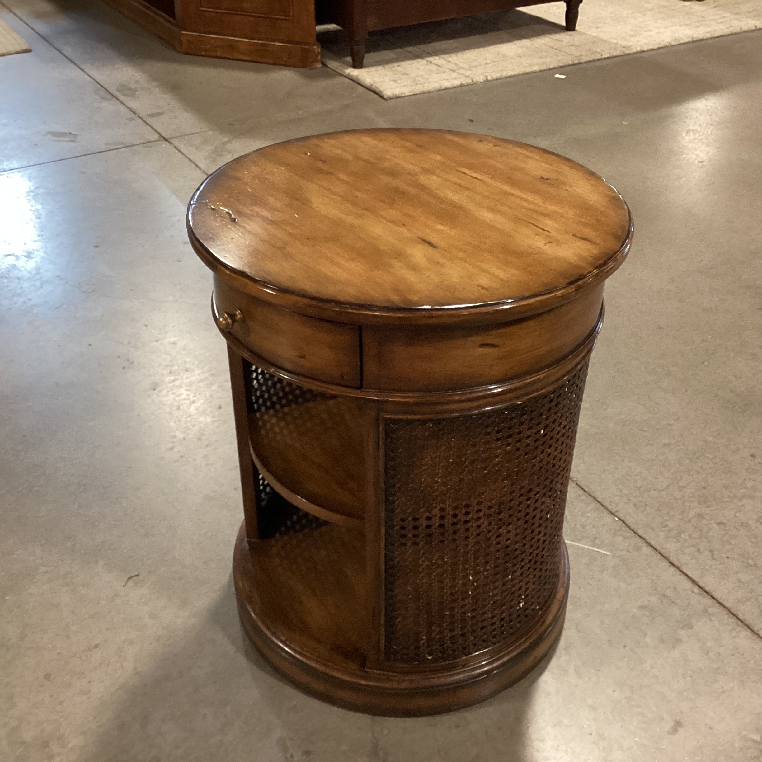Round Finished Wood & Caning 1 Drawer with Shelves End Table 20" Diameter x 24"