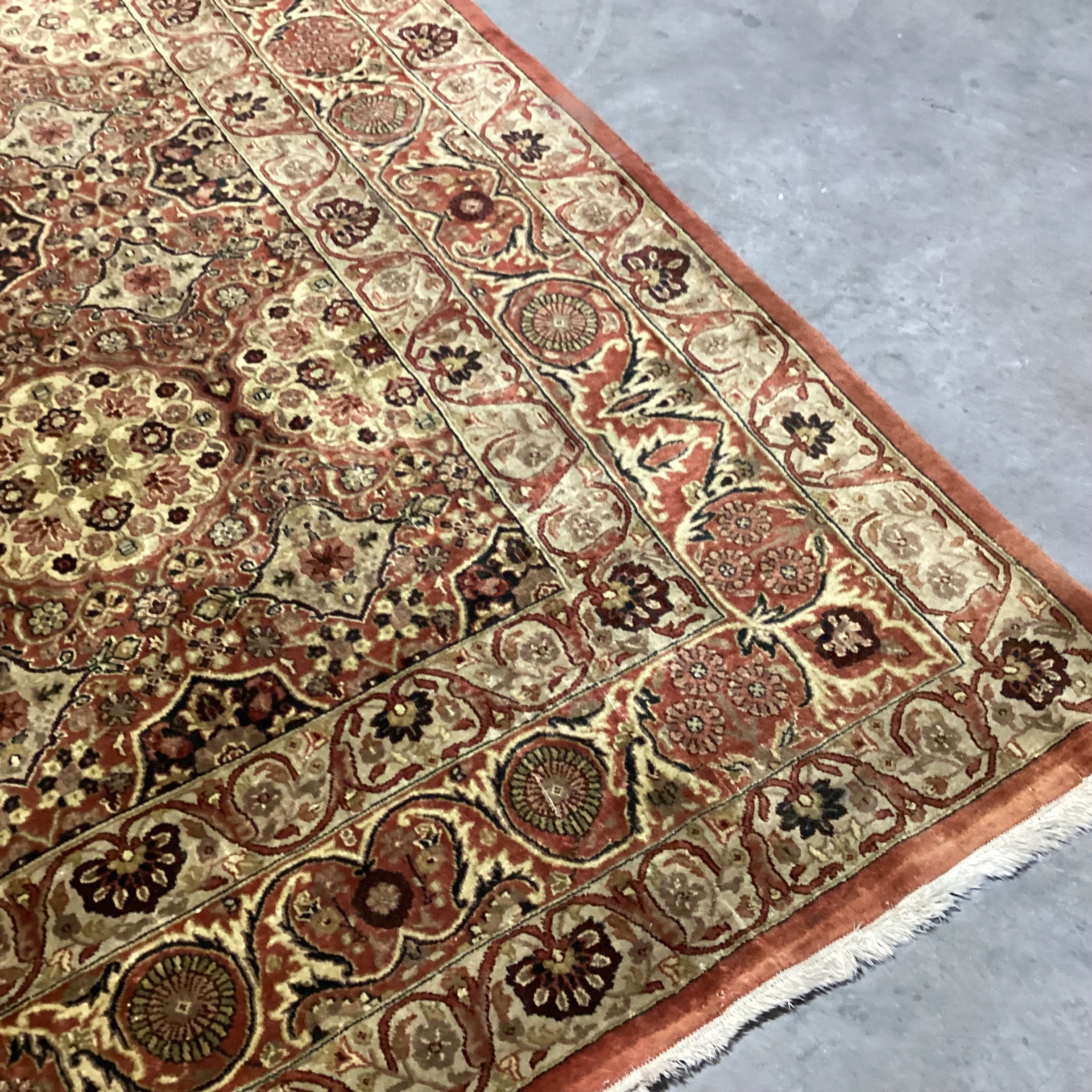 Vintage Antique Gold & Rust Hand Woven Wool or Possibly Silk Rug 9'9"x 13'10"