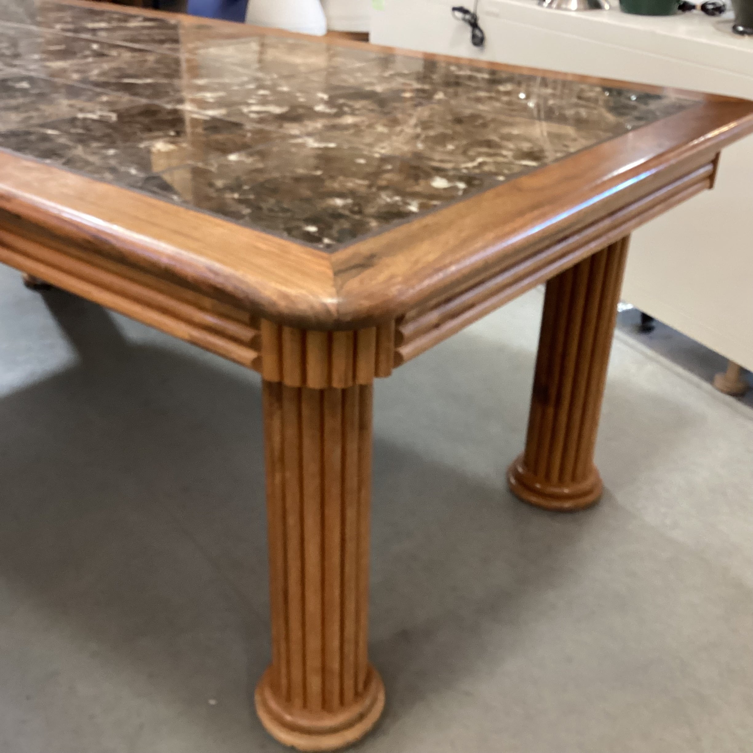 Oak with Ribbed Detail Column Legs & Stone Tile Inset Dining Table 82"x 45"x 30"