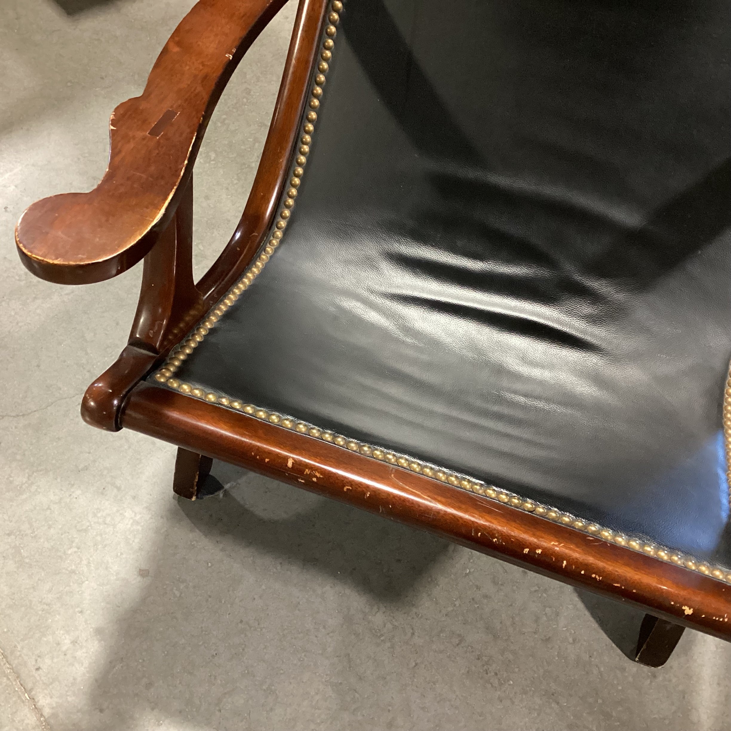 Black Leather Nailhead & Carved Wood Plantation Style Chair 27"x 30"x 40"